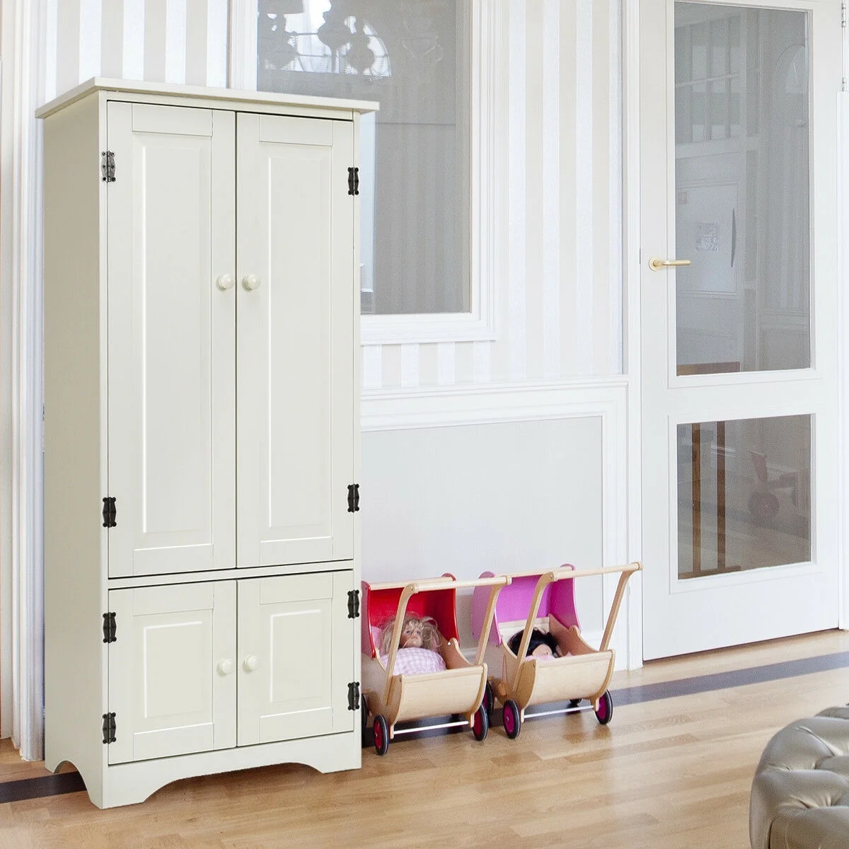 Accent Storage Cabinet Adjustable Shelves Antique 2 Door Floor Cabinet Cream White(Cream White) - Image 10