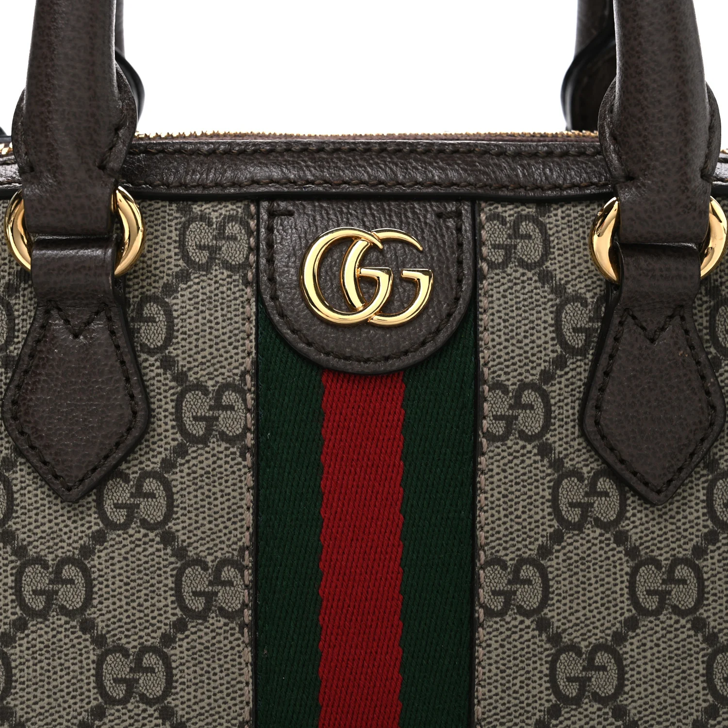 GG Supreme Monogram Textured Dollar Calfskin Web Mini Ophidia Top Handle Bag Beige Ebony New Acero