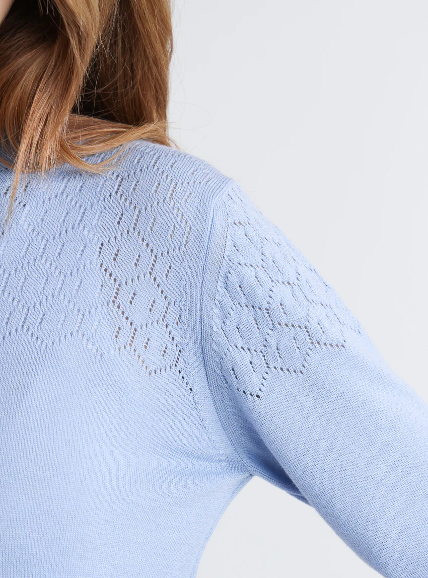 Pull femme col et maille fantaisie en laine mérinos bleu aster
