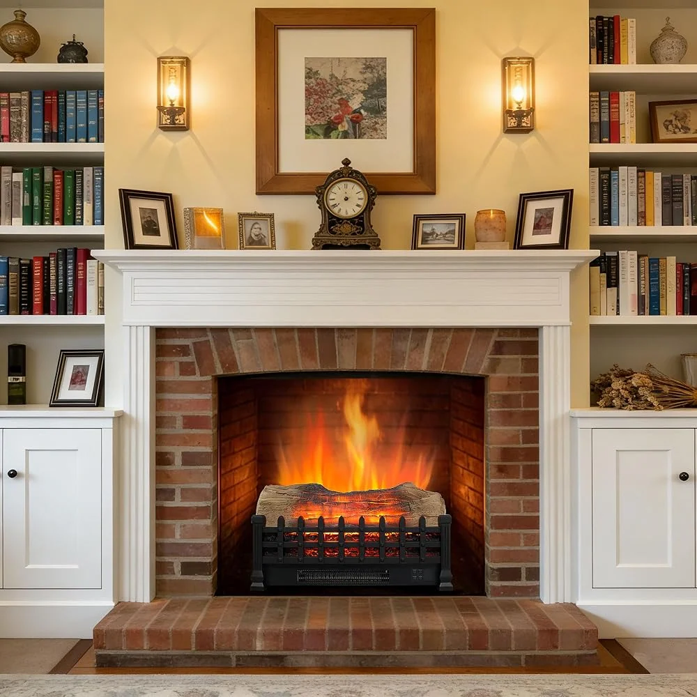 21" Electric Fireplace Log Set, Fireplace Insert with Realistic Flame, Adjustable Flame Brightness, Thermostat, 9H Timer, Remote Control, Overheating Protection, 1400W