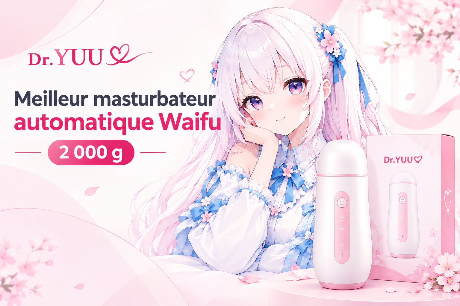 Avis visuel du masturbateur automatique Waifu Dr.YUU 2 000 g dans une mise en scène rose et blanche