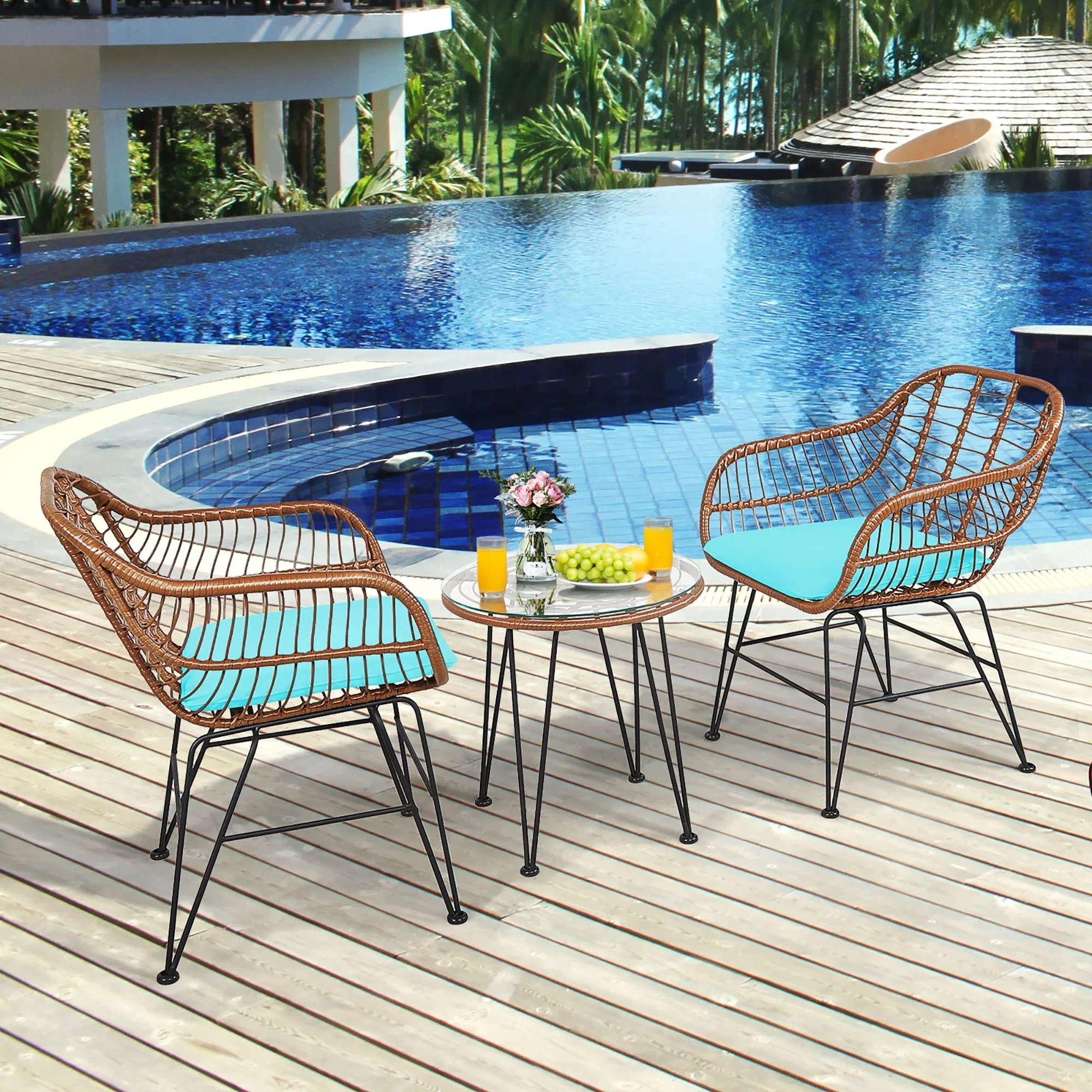 Costway 3PCS Patio Rattan Bistro Set Coffee Table Armchair Garden Red Cushion