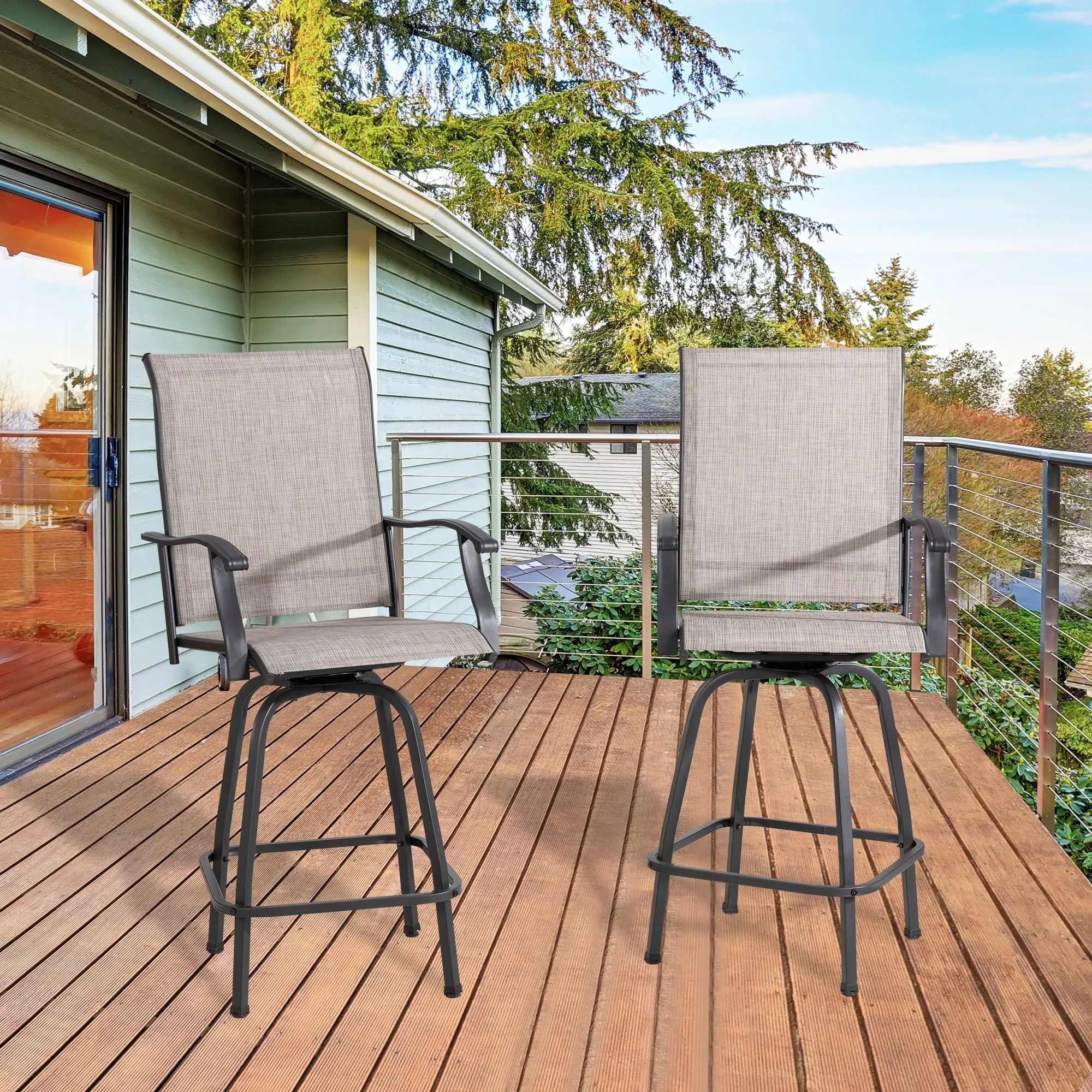 Sobaniilo Outdoor Swivel Bar Stools, All Weather Textile Patio Chairs set of 2, for Backyard, Lawn Garden, Balcony, Gray, Fabric, Steel