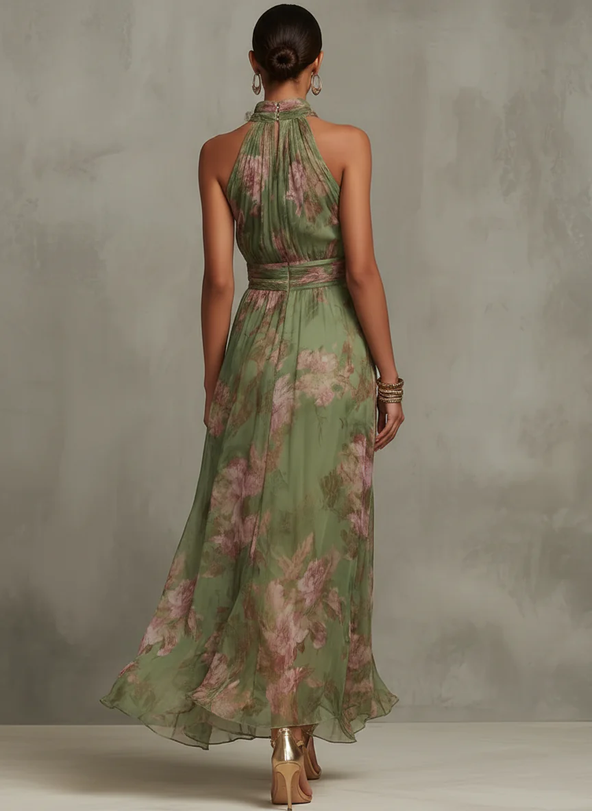 Robe longue en mousseline à fleurs vertes avec col licou