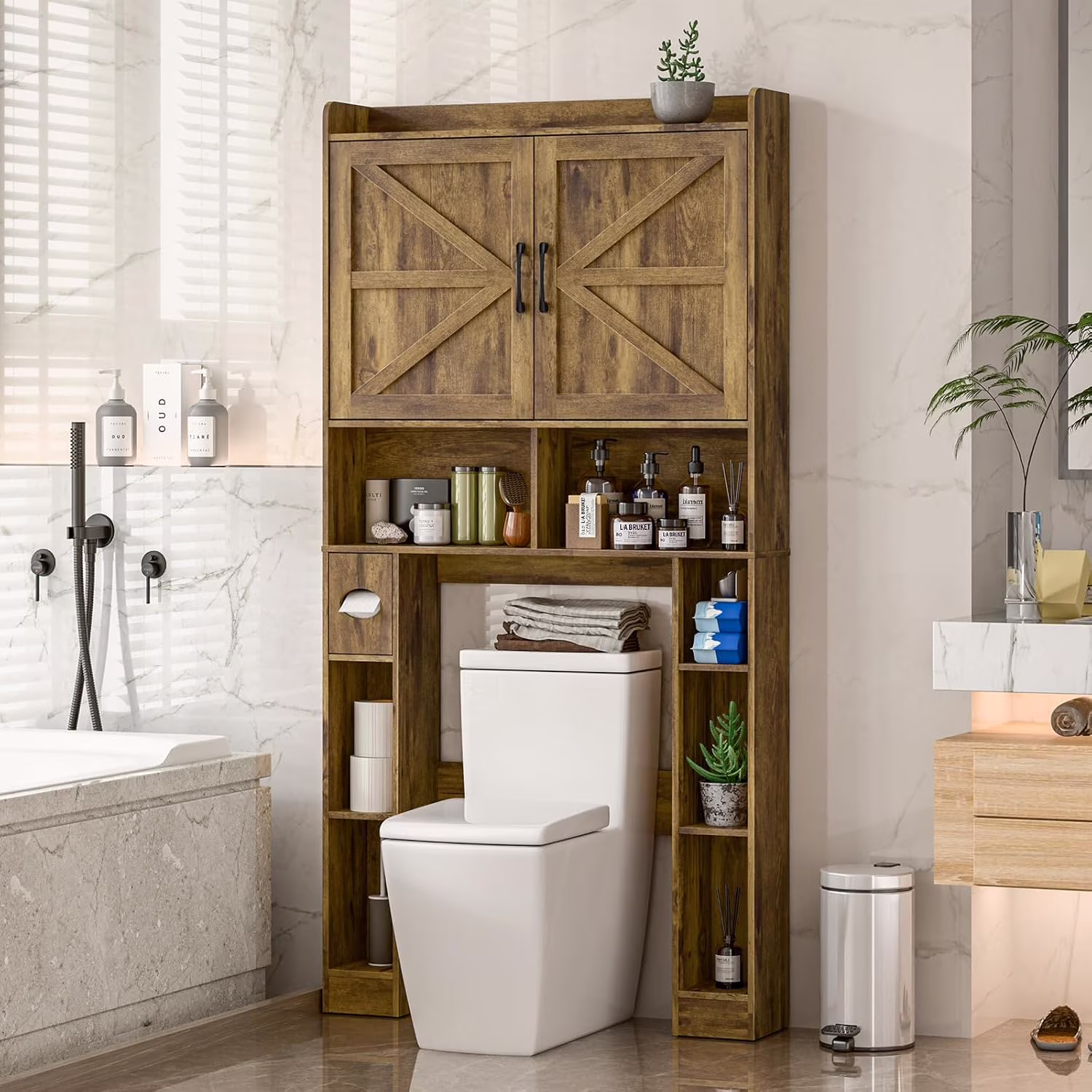 Over The Toilet Storage Cabinet with Toilet Paper Holder Stand, Above Toilet with Adjustable Shelf 2 Doors(Unique White) - Image 7