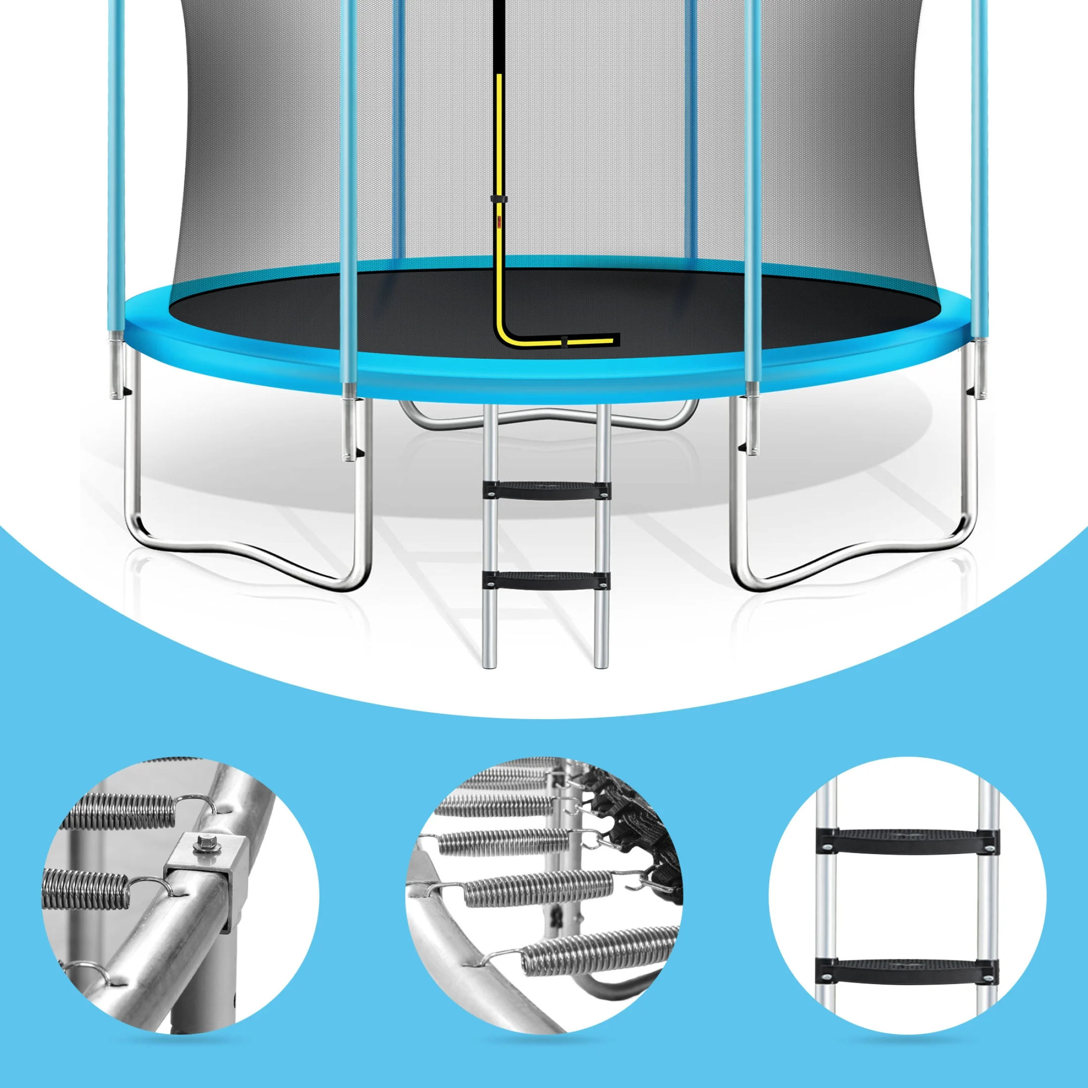 Noble House 8FT Outdoor Trampoline for Kids with Safety Enclosure Net, Basketball Hoop  Ladder, Blue(Blue)