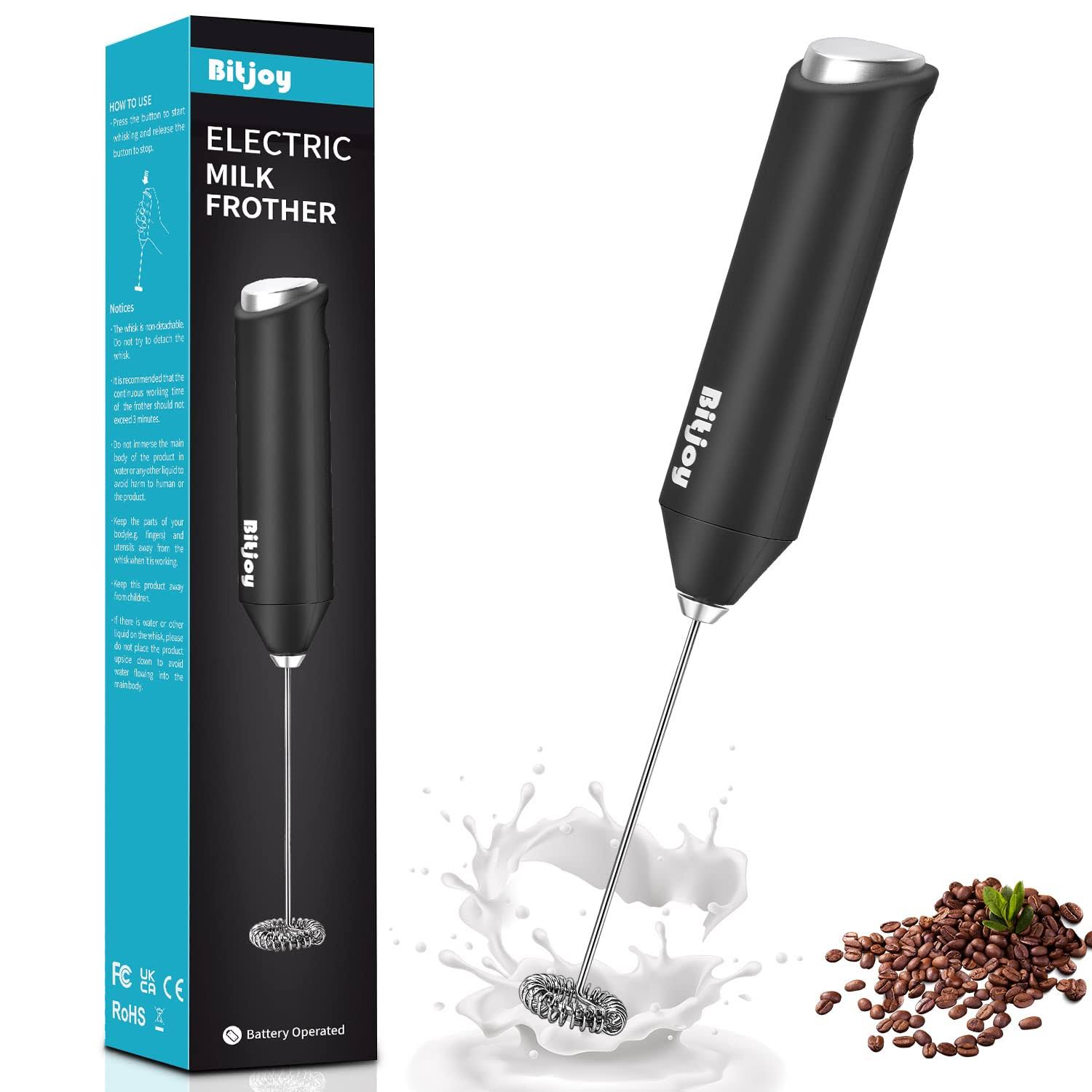 BitJoy Milk Frother Electric Mixer Coffee - Battery Operated Whisk Handheld Drink Stirrer Mixing Wand - Mini Coffee Foam Blender Hand Held for Matcha,