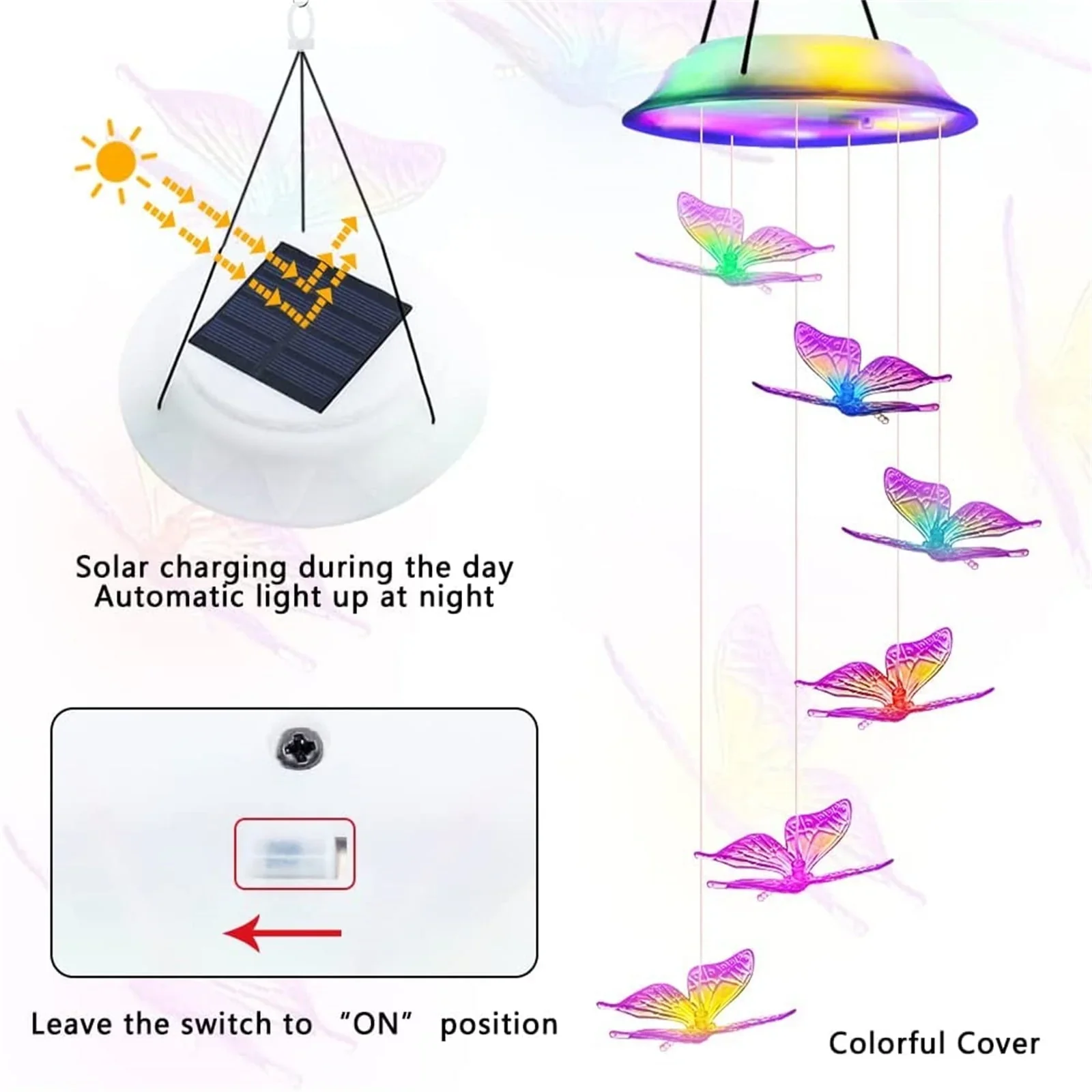 Qoosea Wind Chime Light, Solar Powered LED Waterproof Color Changing Hanging Lamp Butterfly Windchimes Lights for Outdoor Garden Yard  Pathway Decoration