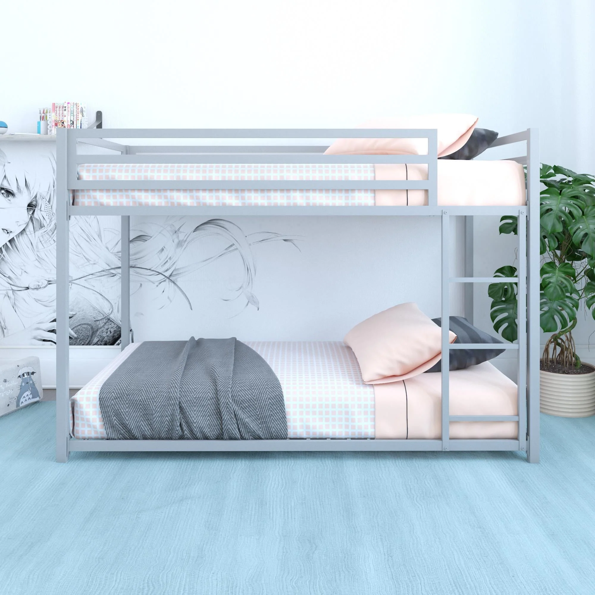 DHP Miles Low Bunk Bed for Kids, Twin Over Twin, Silver