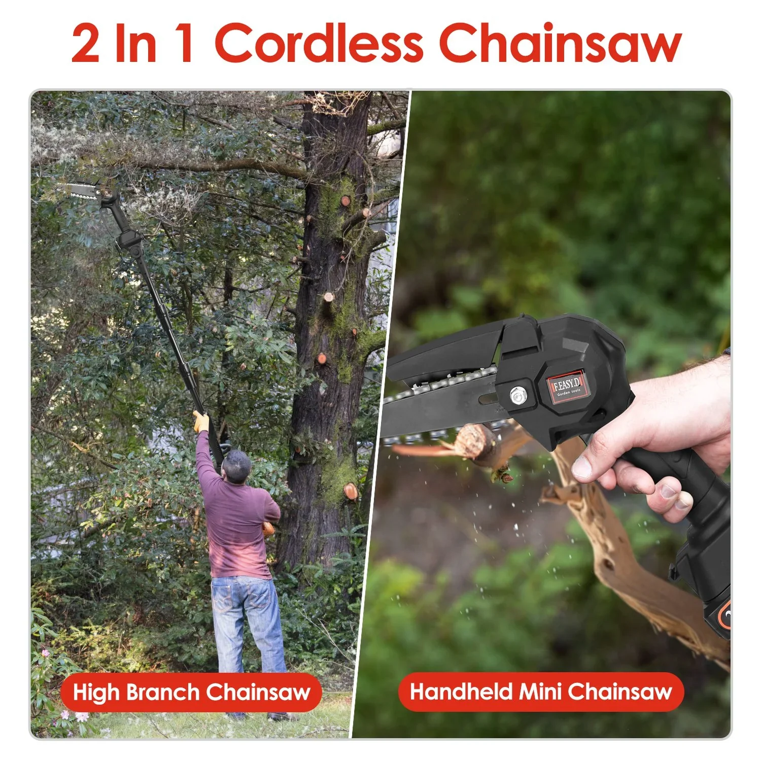 2-in-1 Cordless Pole Saw with Brushless Mini Chainsaw, 13ft Reach for Tree Trimming - Includes 2 Pack of 21500mAh Batteries, Ideal for Homeowners and Gardeners
