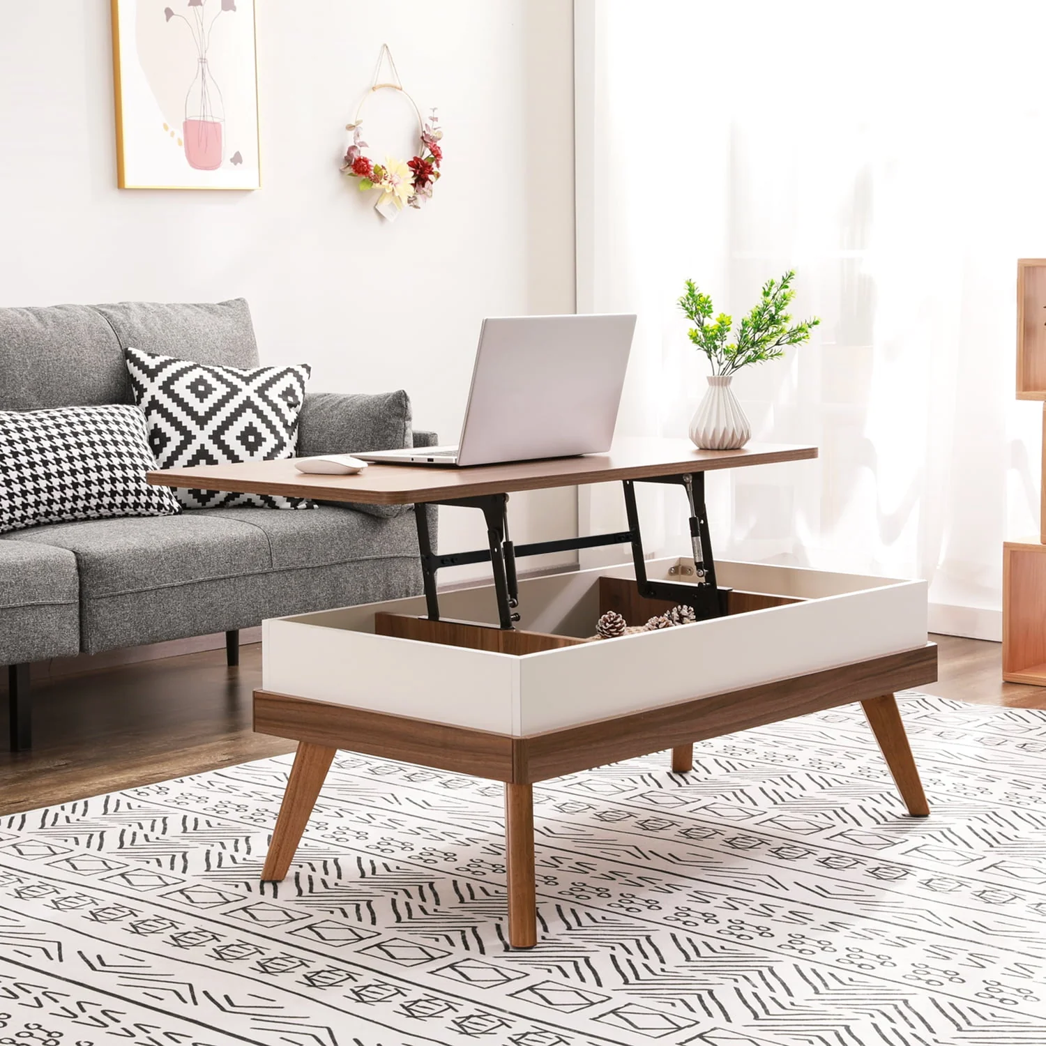 Bidiso Lift Top Coffee Table, Easy to Assembly Center Table with Hidden Storage Compartment, Modern Lift Tabletop Dining Table for Living Room Reception/Home Office, Grey Walnut(Brown) Image 9