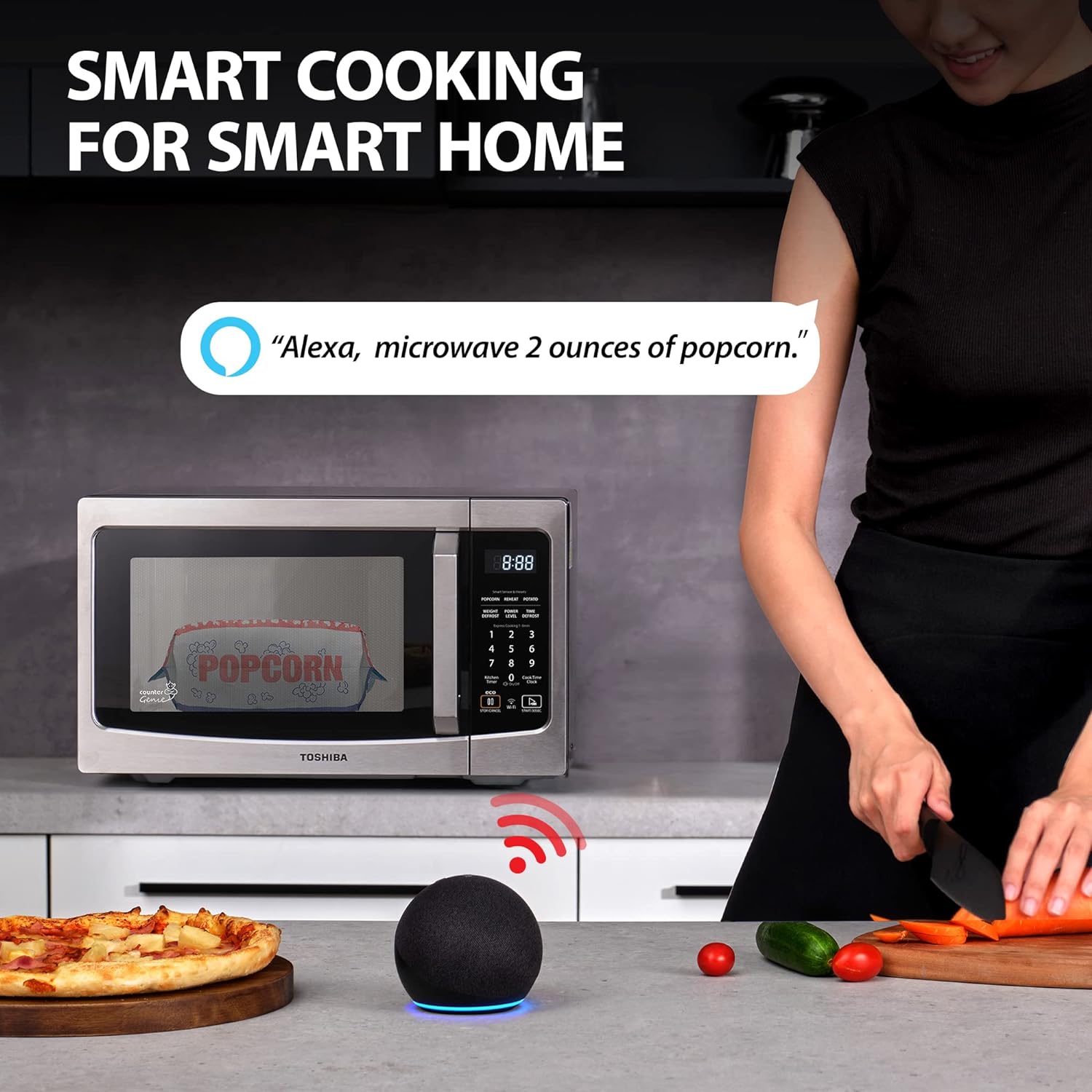Four à micro-ondes de comptoir TOSHIBA 4-en-1 ML-EC42P(SS), capteur intelligent, convection, friteuse à air chaud, fonction silencieuse, mémoire de position, plateau tournant de 34,5 cm, 42,5 litres, 1000 W, argent