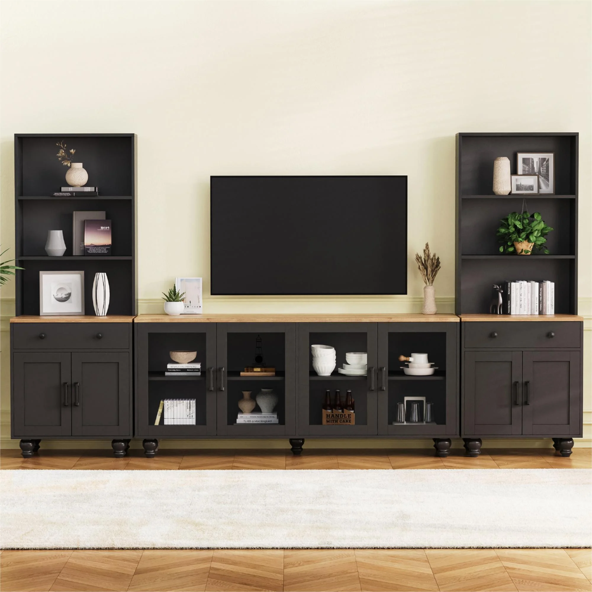 110" Entertainment Center Wall Unit Set with Glass Display Cabinets, Adjustable Shelves Vintage TV Stand for TVs up to 85", Farmhouse Style Media Console with Storage, Gourd Legs(Black+TV Stand+Bookshelves) - Image 2