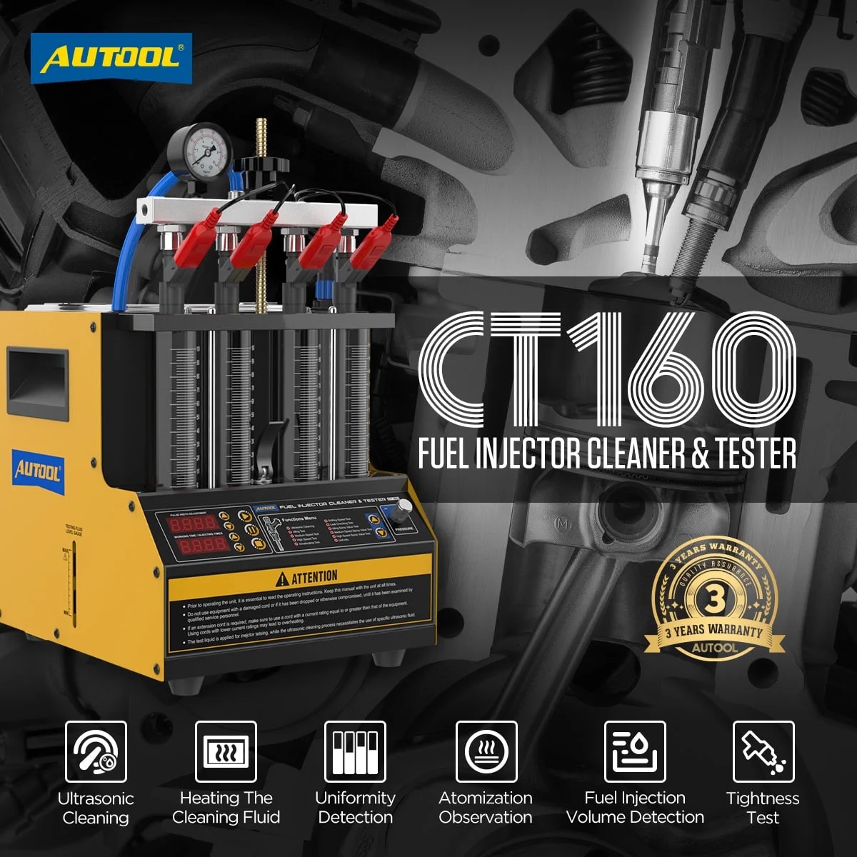 AUTOOL CT160 Fuel Injector Tester Cleaning Machine, 2000 ml 4 Cylinder Injector Ultrasonic Heating Cleaner, 110V Petrol Injection Tester for Cars Motorcycles