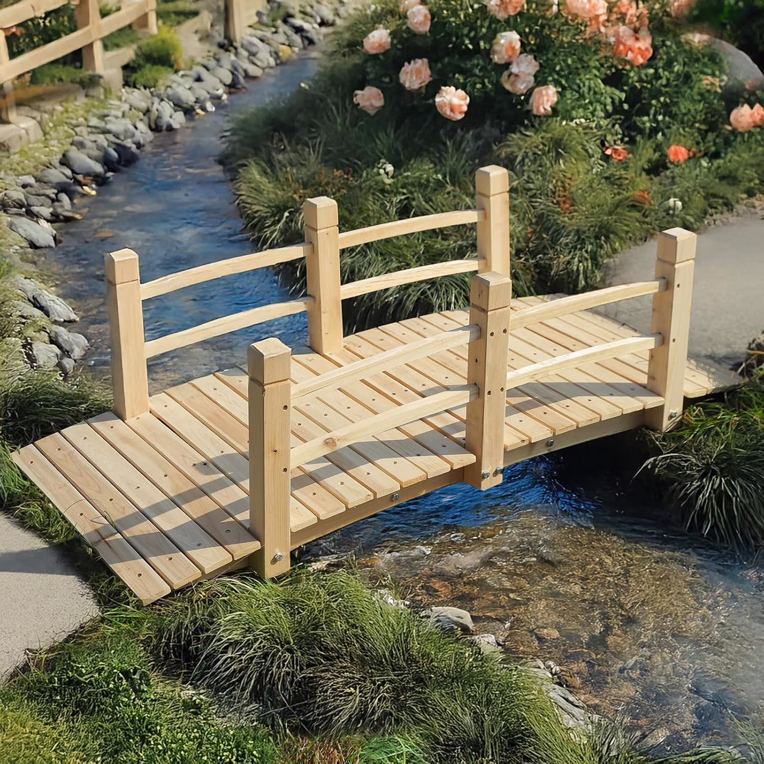Wood Garden Bridge Classic Wooden Arch Stained Finish Footbridge with Safety Railings, 530 lbs Capacity, Decorative Pond Bridge Landscaping for Outdoor Garden Backyard Creek Farm, Natural