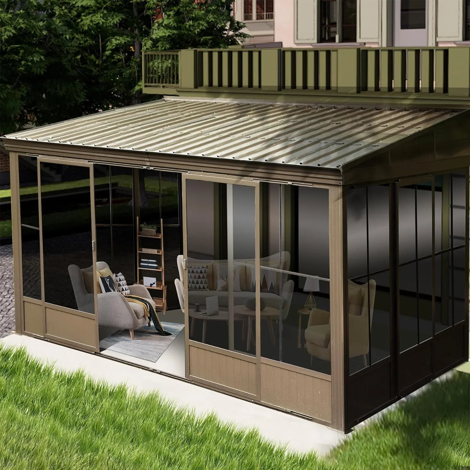 Domi Outdoor Living 10' x 12' Hardtop Lean-to Gazebo, Wall-Mounted with Galvanized Steel Roof Wall Pergola with Aluminum Frame, Curtains and Netting, for Patio, Deck, Garden, Backyard