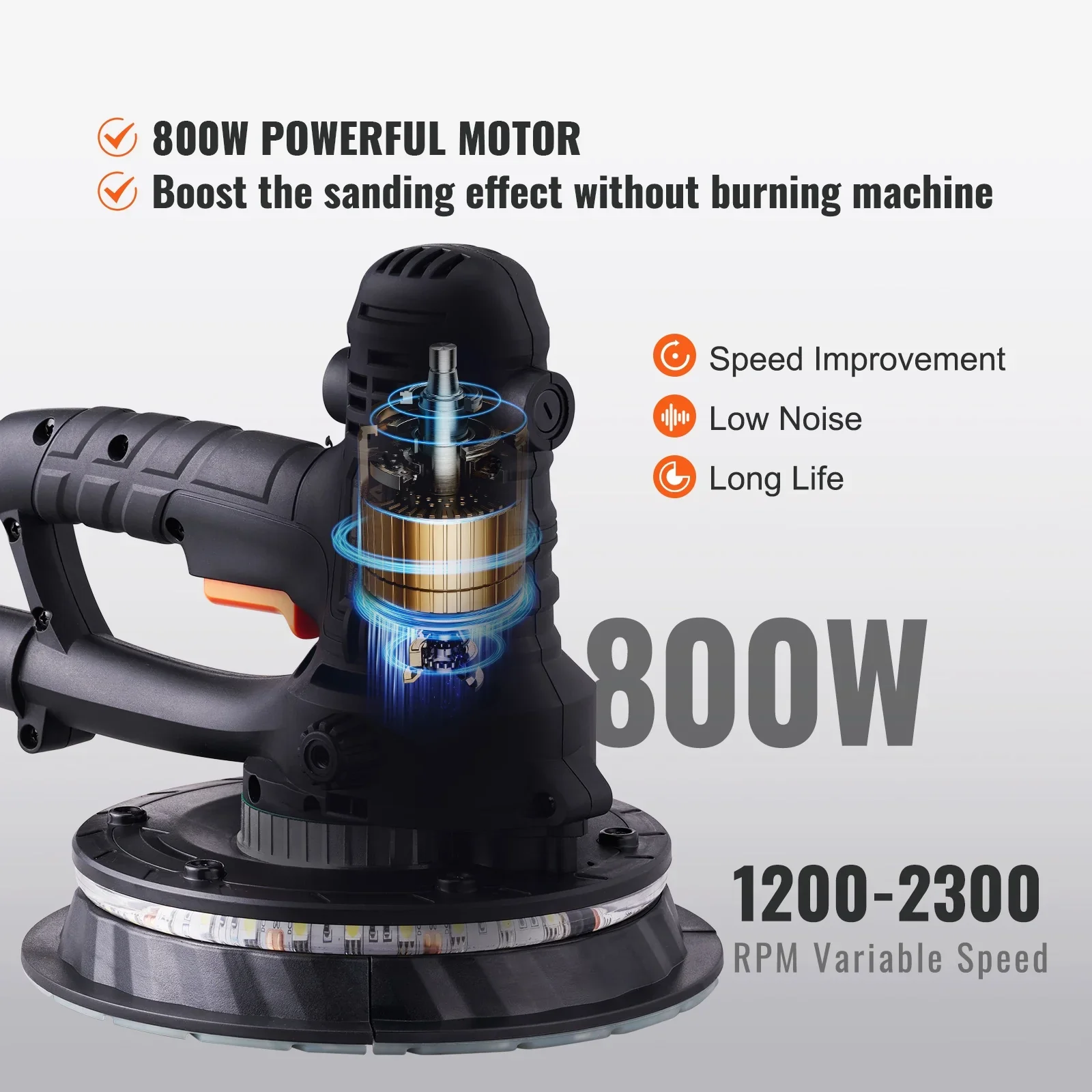 BENTISM Handheld Drywall Sander 800W, 1200-2300RPM Wall Sander with Double LED Light & Automatic Vacuum System, 12 Pcs Sanding Pads Electric Sander with Dust Bag, Detachable Edge