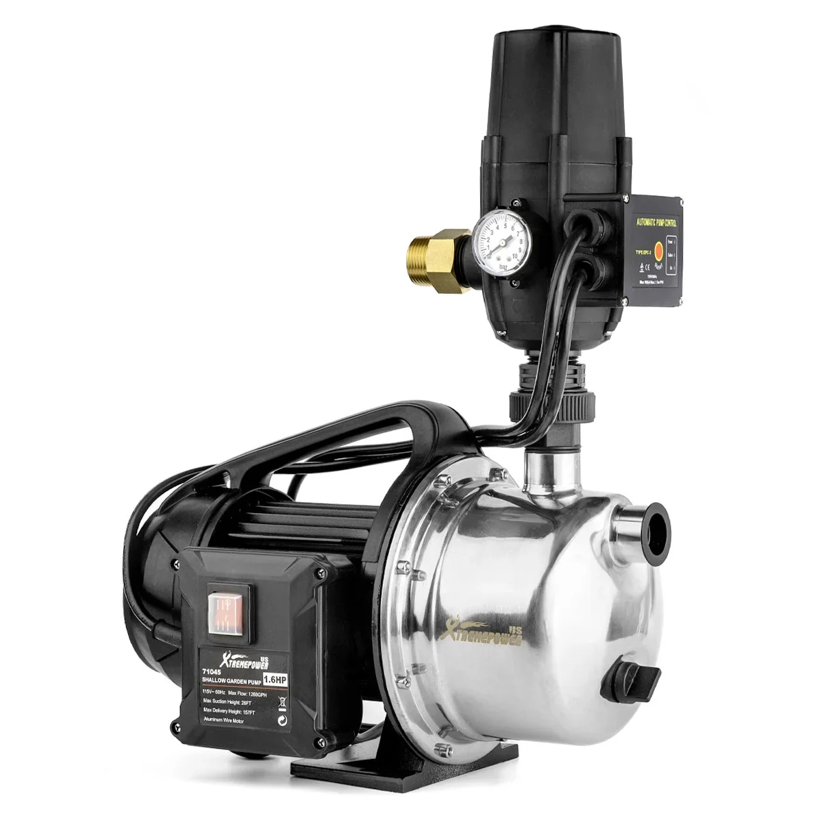 XtremepowerUS 1.6HP Portable Shallow Well Pump, 1268 GPH 120V With Controller, Stainless Steel, For Sprinkler, Irrigation, Garden, Lawn Water Transfer
