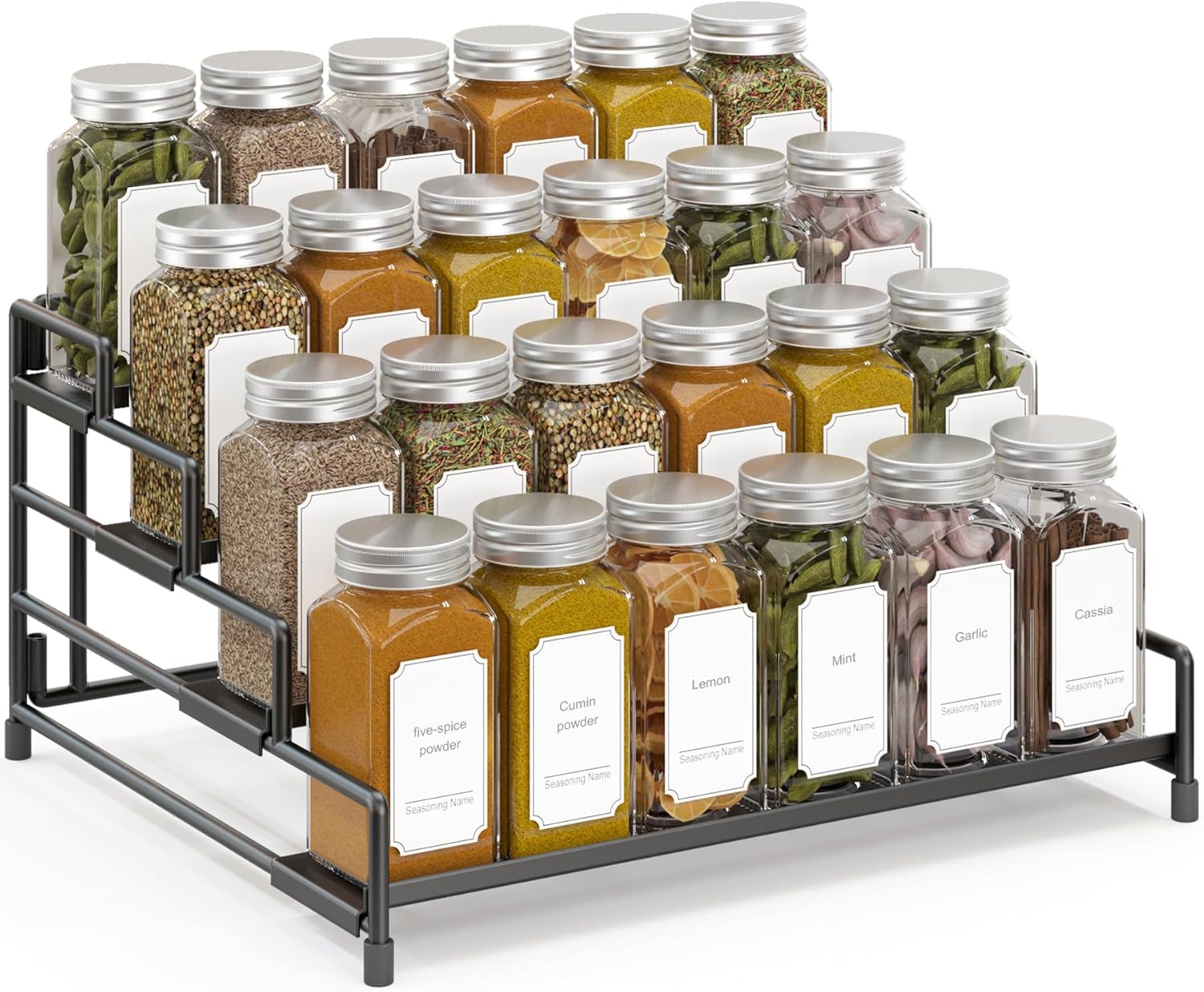 RUILALIFE 4-Tier Spice Rack Organizer for Cabinet, Adjustable Depth Spice Holder Shelf for Countertop Pantry Cupboard, Metal Tiered Seasoning Organizer, Display Shelf Riser (Black-1 Pack)