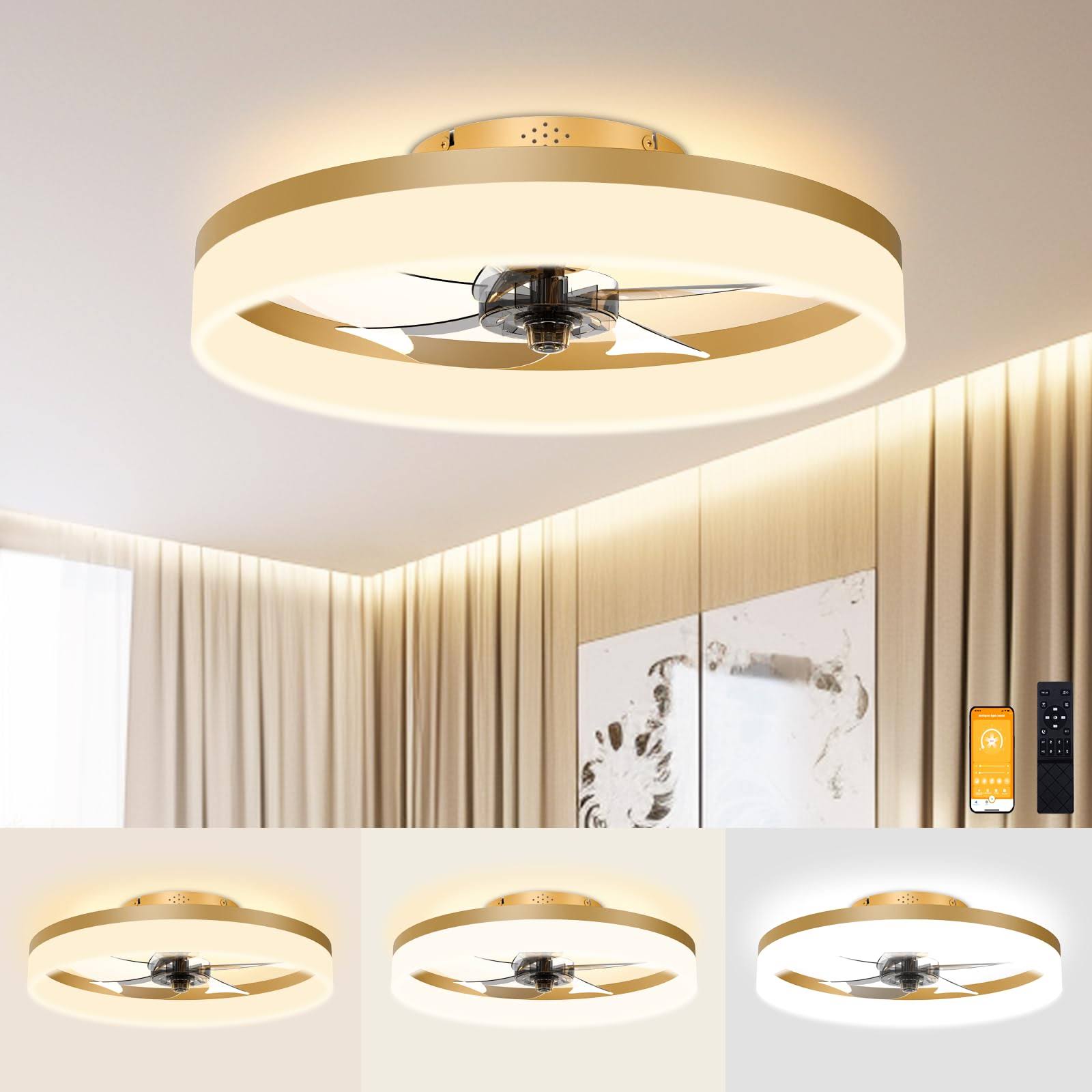 VOLISUN Low Profile Ceiling Fans with Lights and Remote, 19.7in Fandelier Ceiling Fan Flush Mount, 3000K-6500K Smart Bladeless LED Fan Light, Gold