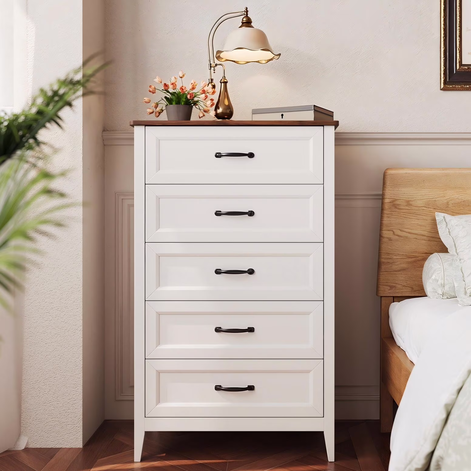Farmhouse 5 Drawers Dresser for Bedroom, 45" Tall Wood Rustic Chest of Drawers with Wide Metal Handle, Natural Texture, Drawer Organizer for Bedroom, Living Room, White+Retro(Retro)