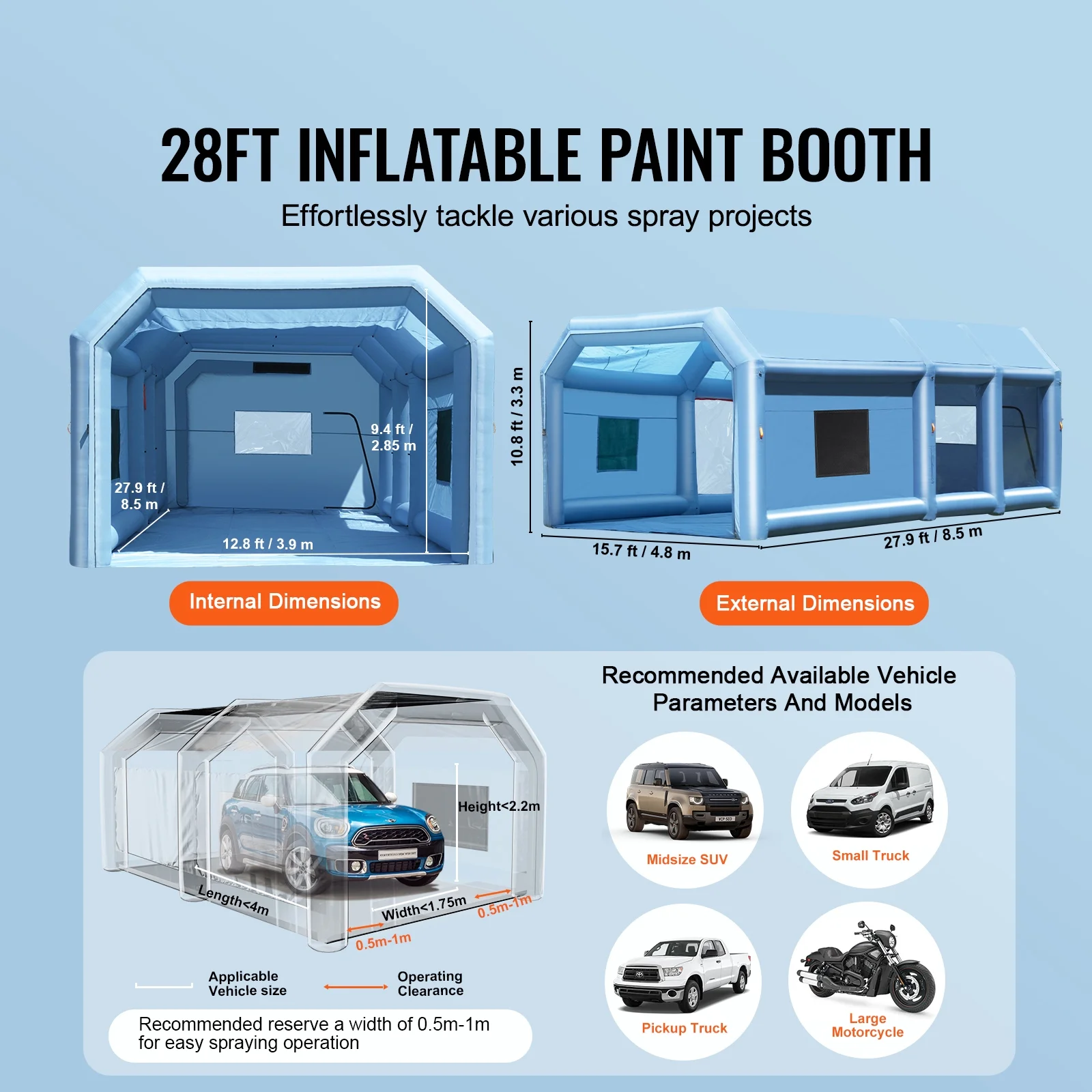 Inflatable Spray Shelter, 27.9x15.7x10.8 ft, Includes 950W+750W Blowers, Air Filtration, Ideal for Small Trucks, Large Motorcycles, Midsize Vehicles - Image 6