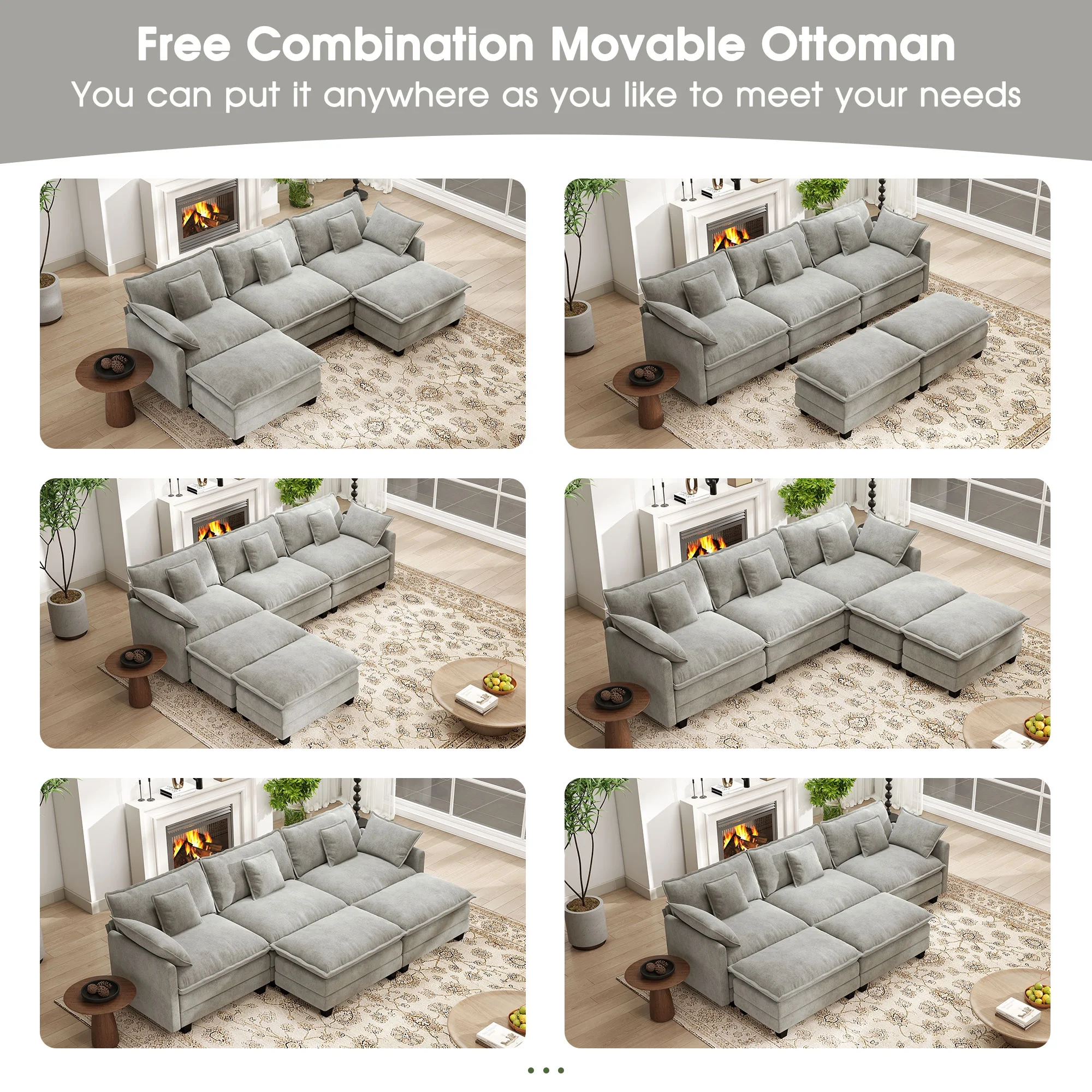 111.5'' Modular Sectional Sofa with Movable Ottomans, U Shaped Cloud Couch for Living Room, 3-Seat, Grey(4-seat2ottoman/green) - Image 5