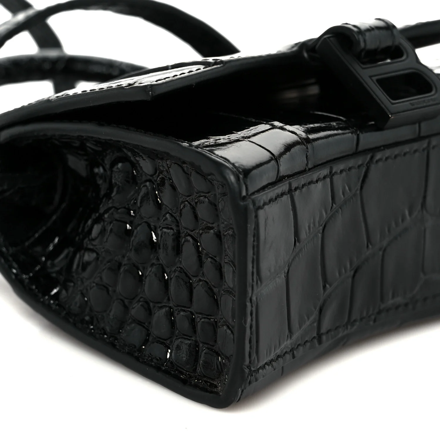 Shiny Calfskin Monochrome Crocodile Embossed Hourglass Top Handle Bag Mini Black