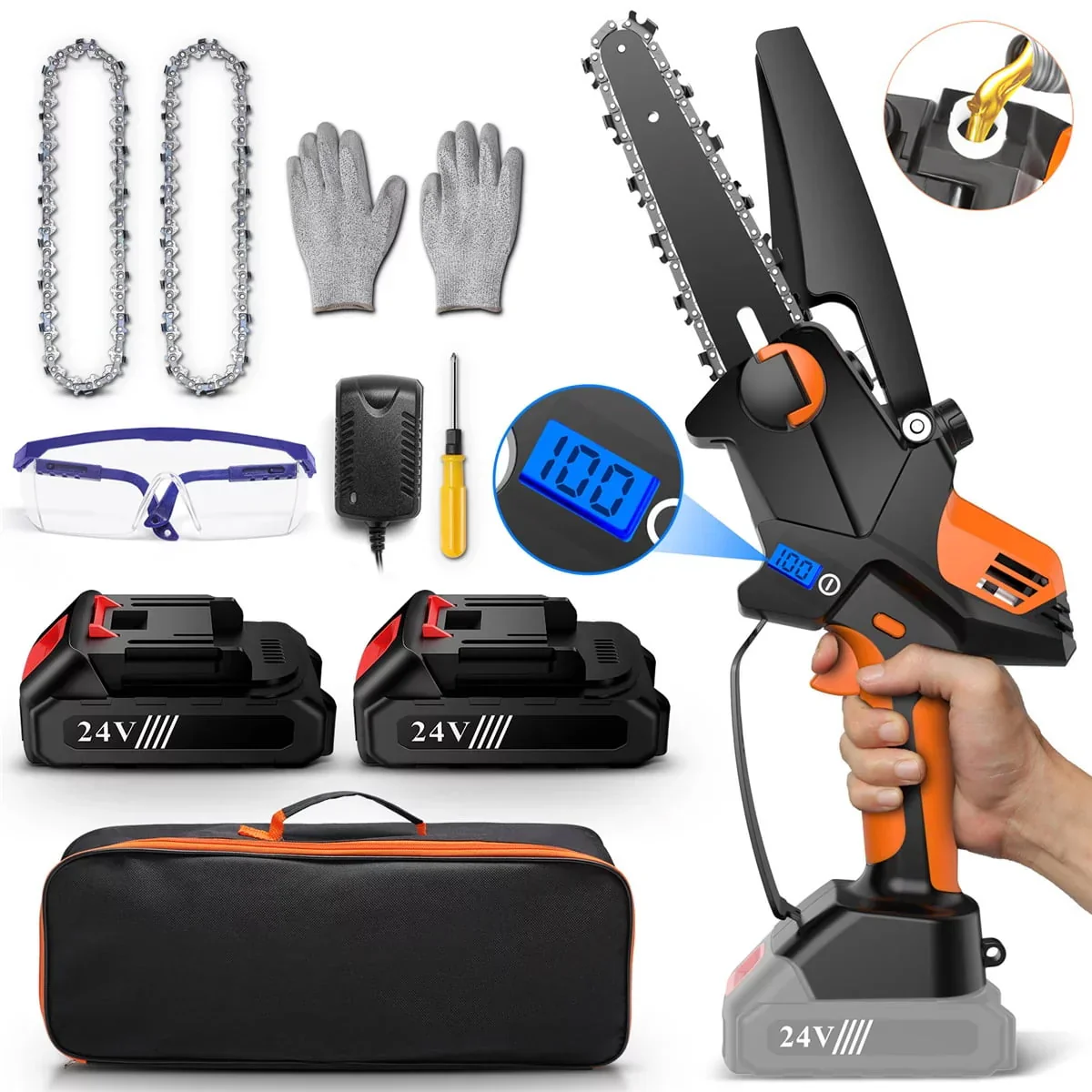 6-inch Mini Chainsaw, Cordless Chainsaw with Auto-oil System & 2 Batteries, Portable Electric Chainsaw, Small Handheld Chain Saw Pruning Shears Chainsaw for Wood Cutting Garden Logging Trimming Branch