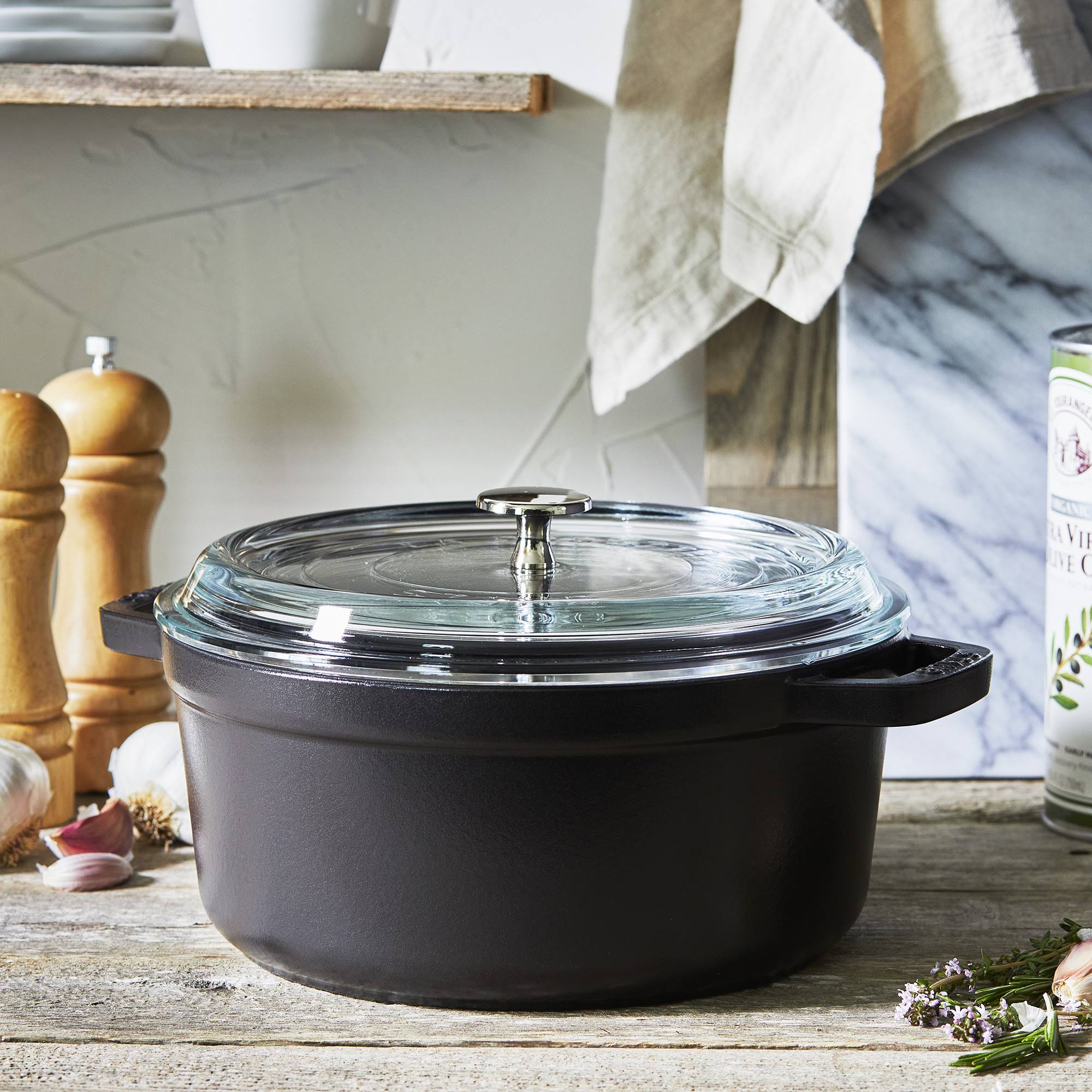 Staub 4-Quart Cast Iron Round Cocotte with Glass Lid - Black