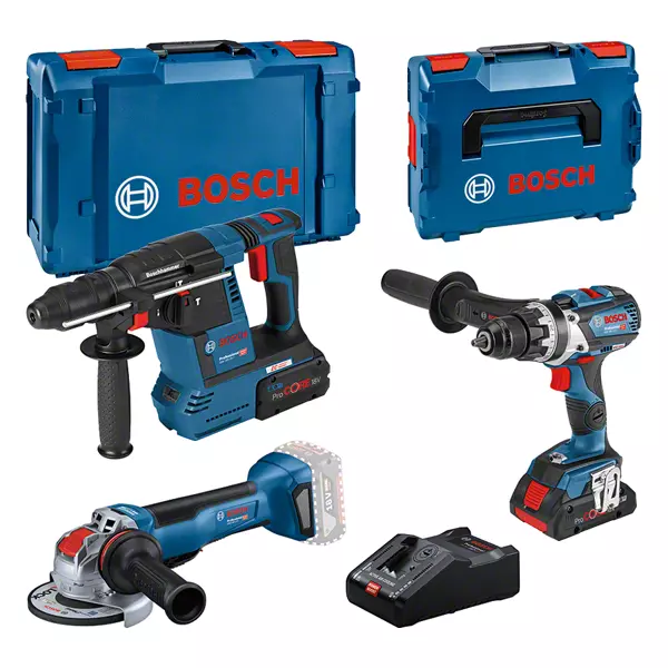 Kit combiné Bosch 3 outils 18 V : GSR 18V-110C + GWX 18V-10 P + GBH 18V-26F + 1 batterie 4,0 Ah (Procore) + 1 batterie 8 Ah (Procore) + GAL 18V-160 (L) Professionnel