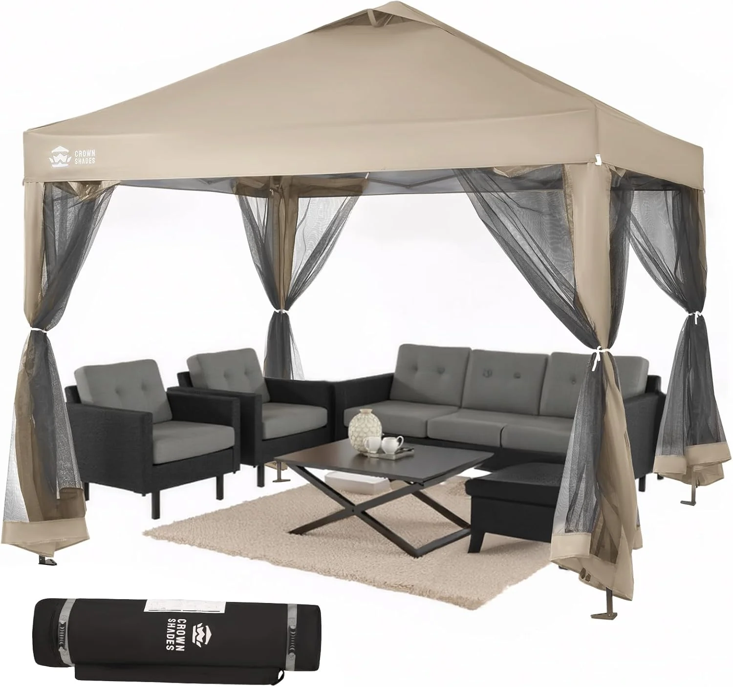Gazebo pliant CROWN SHADES 13x13, tente-abri, gazebos en liquidation - Gazebo d'extérieur pour mobilier de jardin et de terrasse - Tente pliante Carpa avec sac de rangement à roulettes STO-N-Go (beige et café)