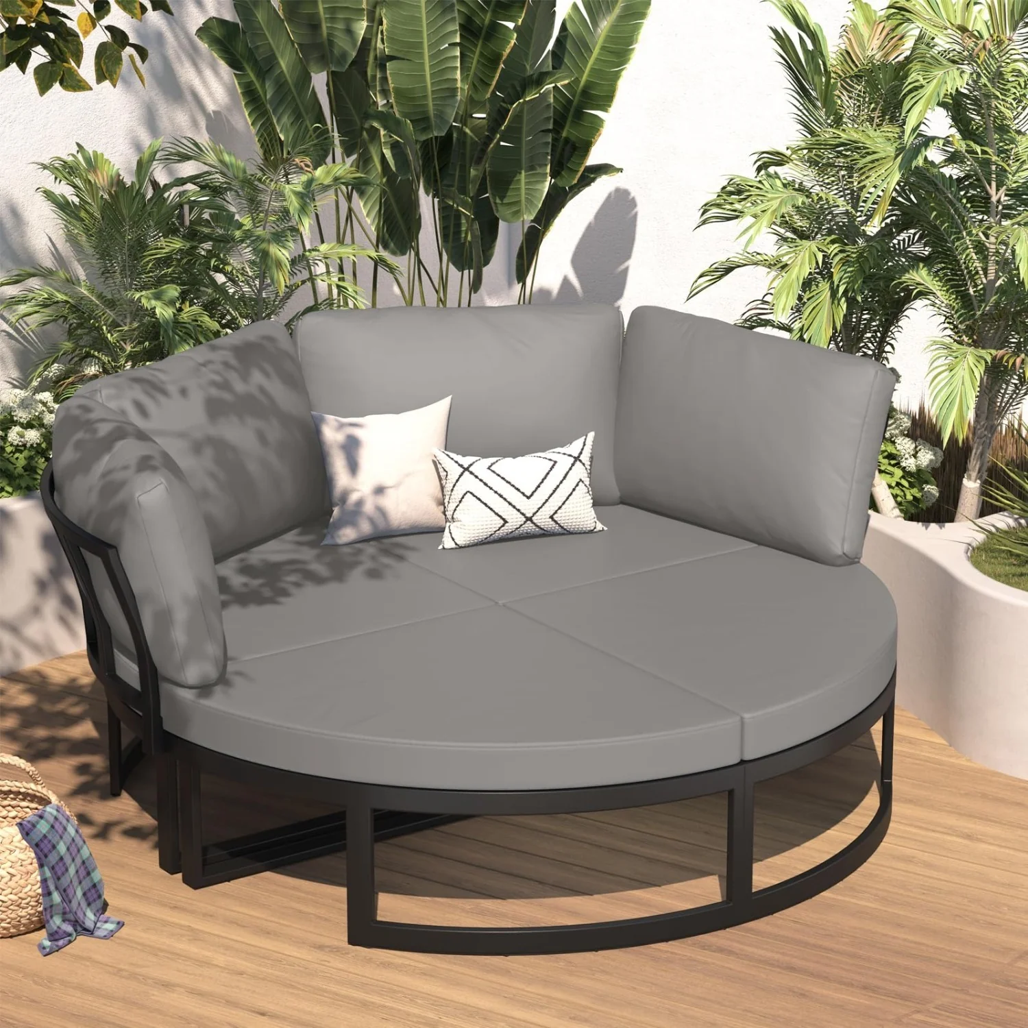 AECOJOY Patio Furniture Outdoor Round Daybed with Removable Cushions 4 Piece Sectional Sofa Patio Furniture Set, Gray