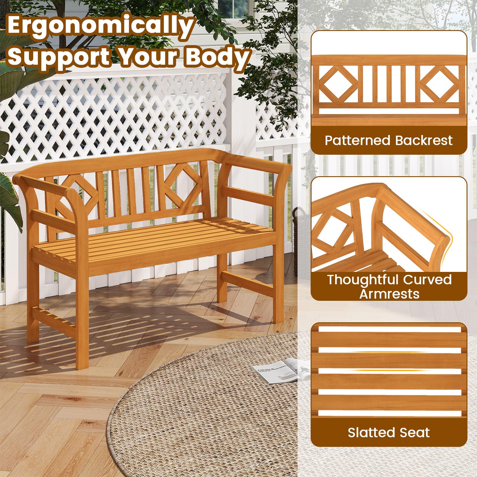 Tangkula 2 Person Patio Wood Bench with Curved Armrests
