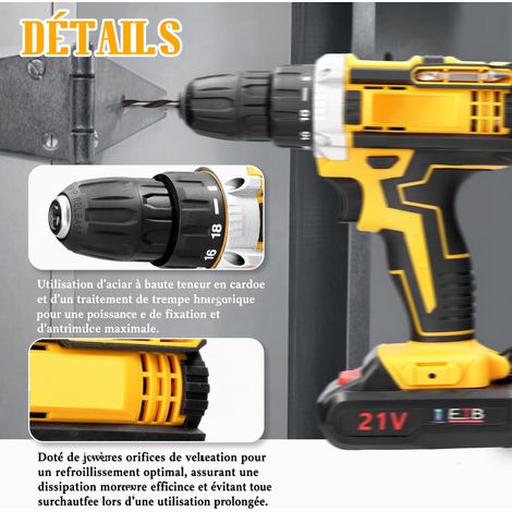 Perceuse Visseuse Sans Fil, Motor de brosse à forage électrique 21V, Perceuse-visseuse électrique 18 couples, moteur à balais, 2 vitesses, LED, pour montage, bricolage et réparation — vue 4