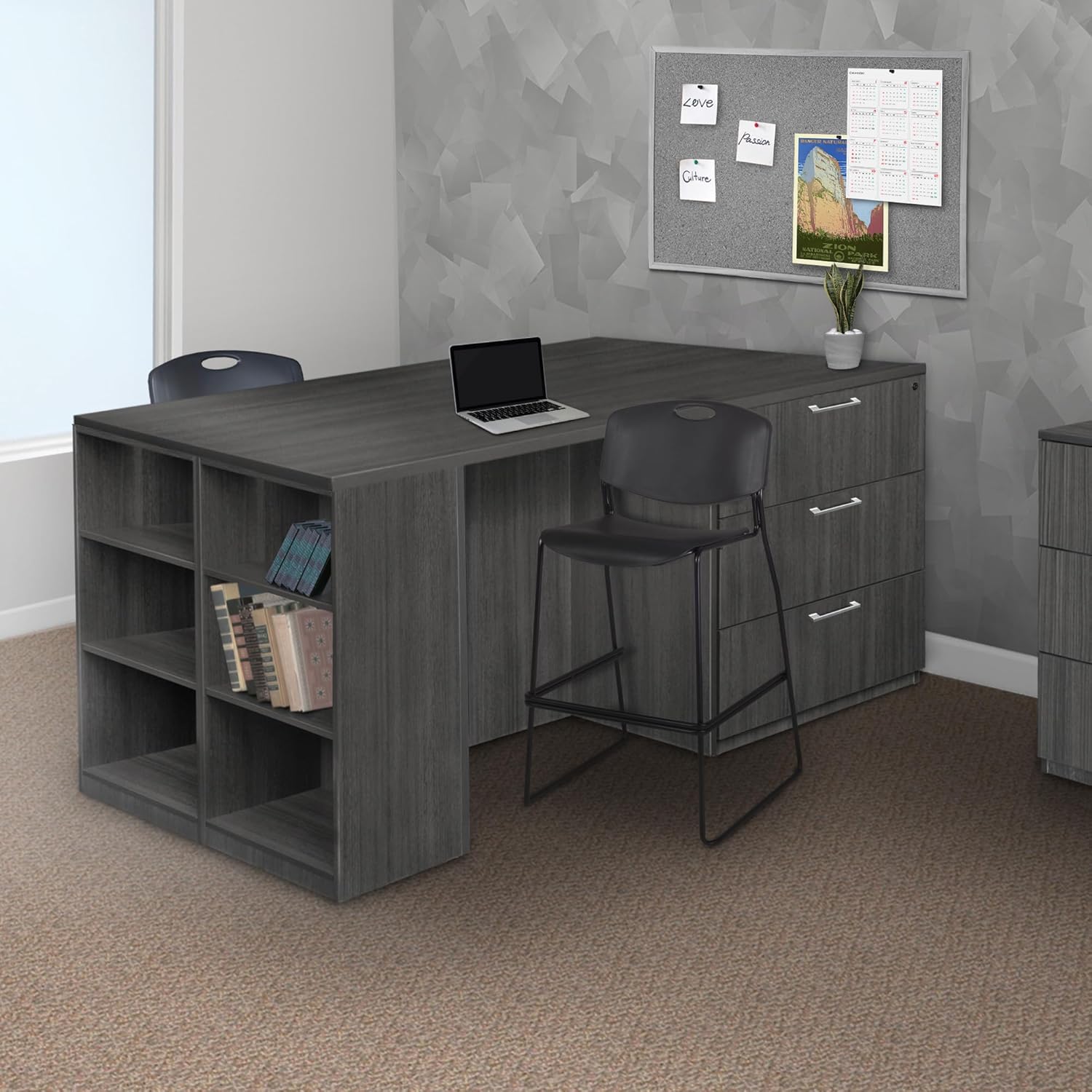 Romig Regency Legacy Stand Up 2 Lateral File/2 Desk Quad with Bookcase End  Ash Grey