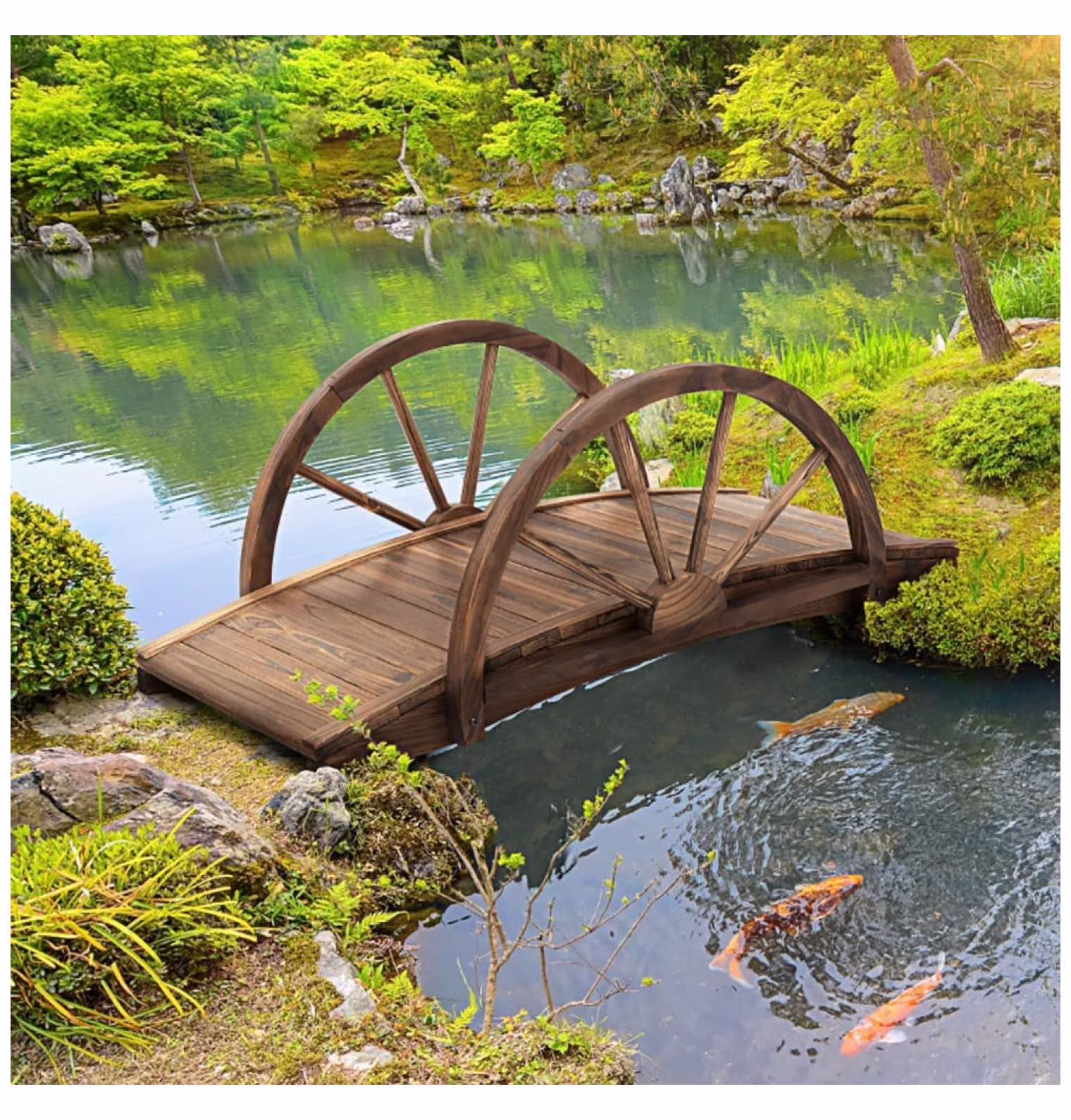 3.3ft Wooden Garden Bridge Arc Footbridge with Half-Wheel Style Railings & Solid Fir Construction, Stained Wood