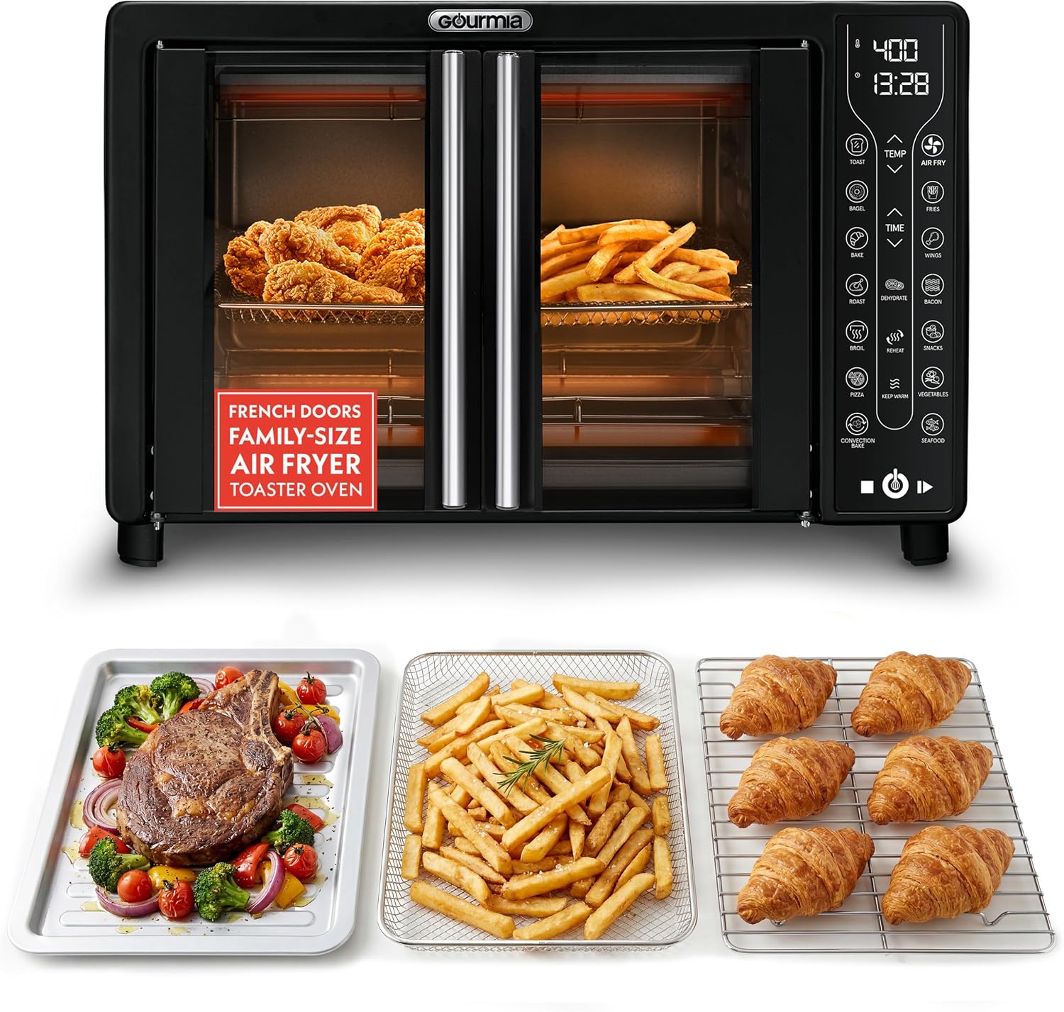 Gourmia French Door Air Fryer Toaster Oven – 6-Slice Capacity, FryForce 360°Digital Display with 17 Cooking Presets, Black