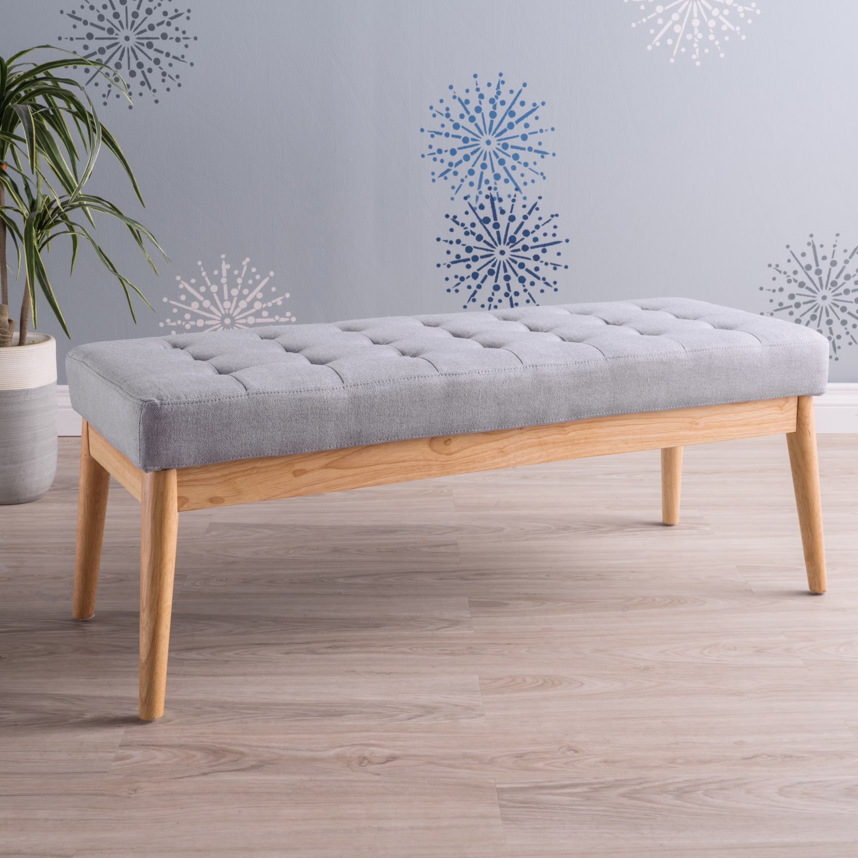 44.75" Mid-Century Tufted Bench �C Solid Birch Legs �C Plush Polyester Blend �C 17" Height �C 19.62 lbs(LIGHT GREY)