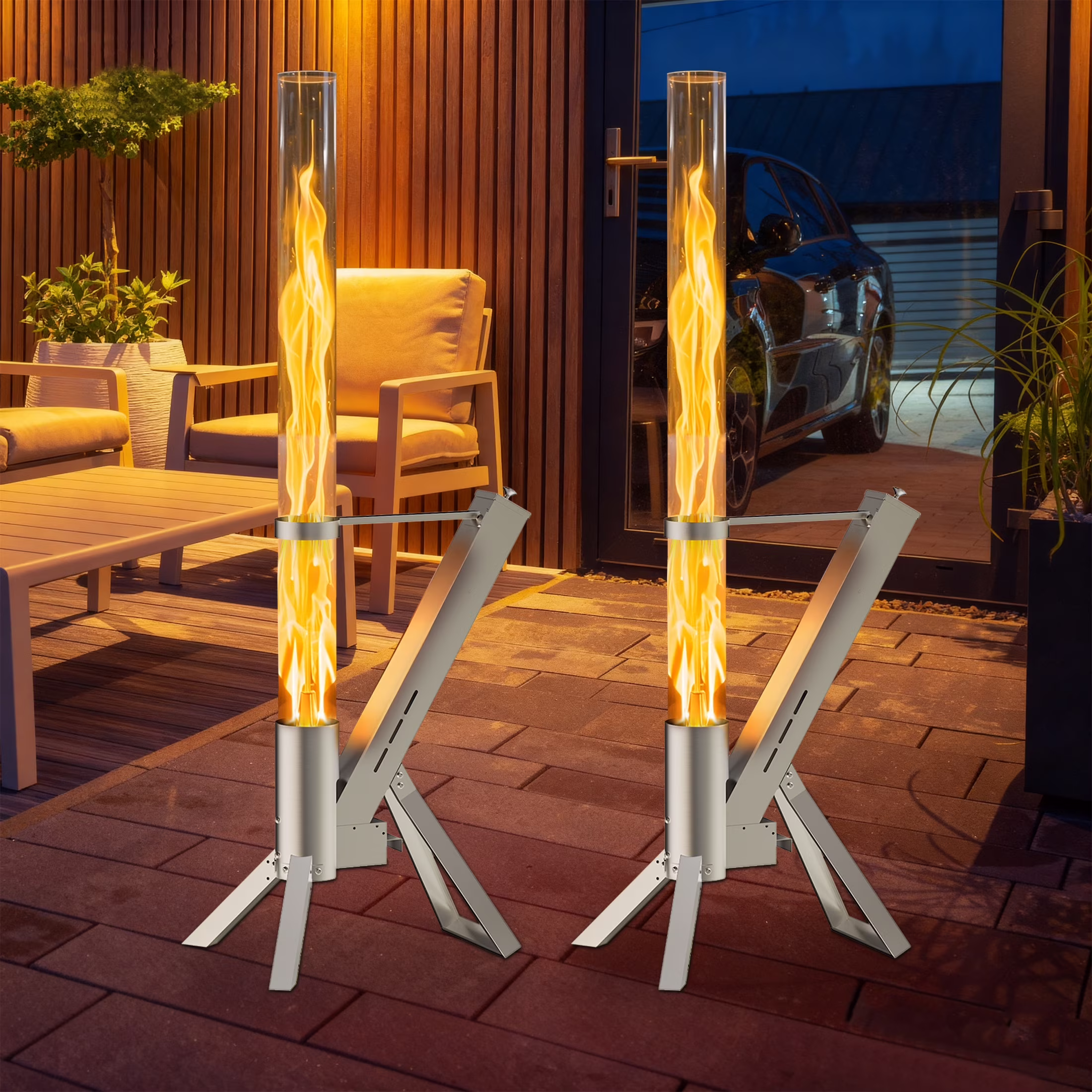 2 Piece Outdoor Smokeless Pellet Heater, Portable 430 Stainless Steel Glass Tube, Patio Pellet Torch with Tripod, Upgraded Ashtray, Eco-Friendly Wood Heater for Backyard, Patio, Camping(2 Pack)