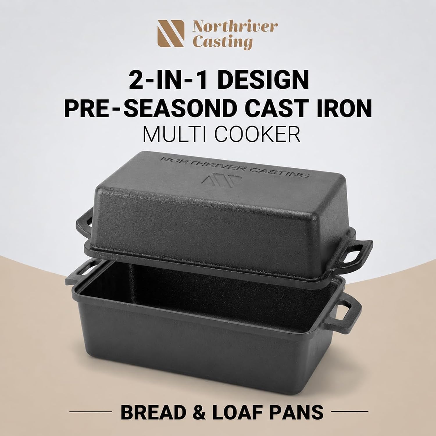 Northriver Casting 9×5 Inch Cast Iron Loaf Pan with Lid| Bread Baking Pan| Even Heat Distribution for Homemade Bread, Cake, and Meatloaf| 2 Piece Set