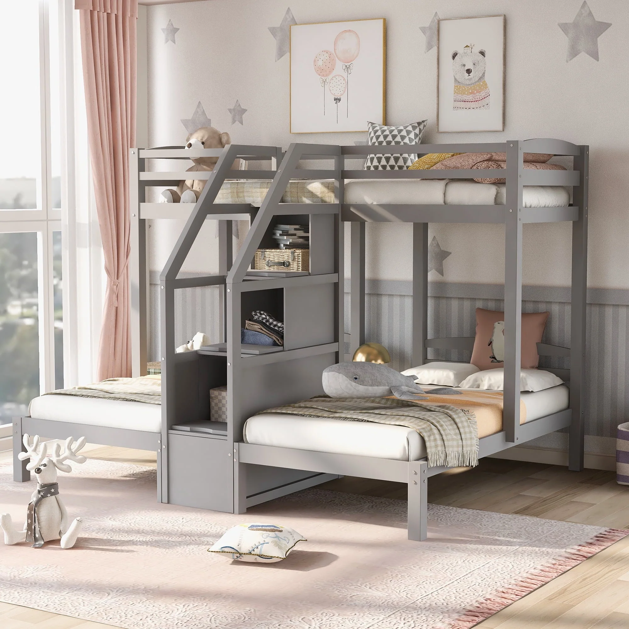 EUROCO Twin Over Twin & Twin Bunk Bed with Staircase and Drawers for Kids Bedroom, 3 - in - 1 Bunk for More Kids, Storage Staircase, Gray