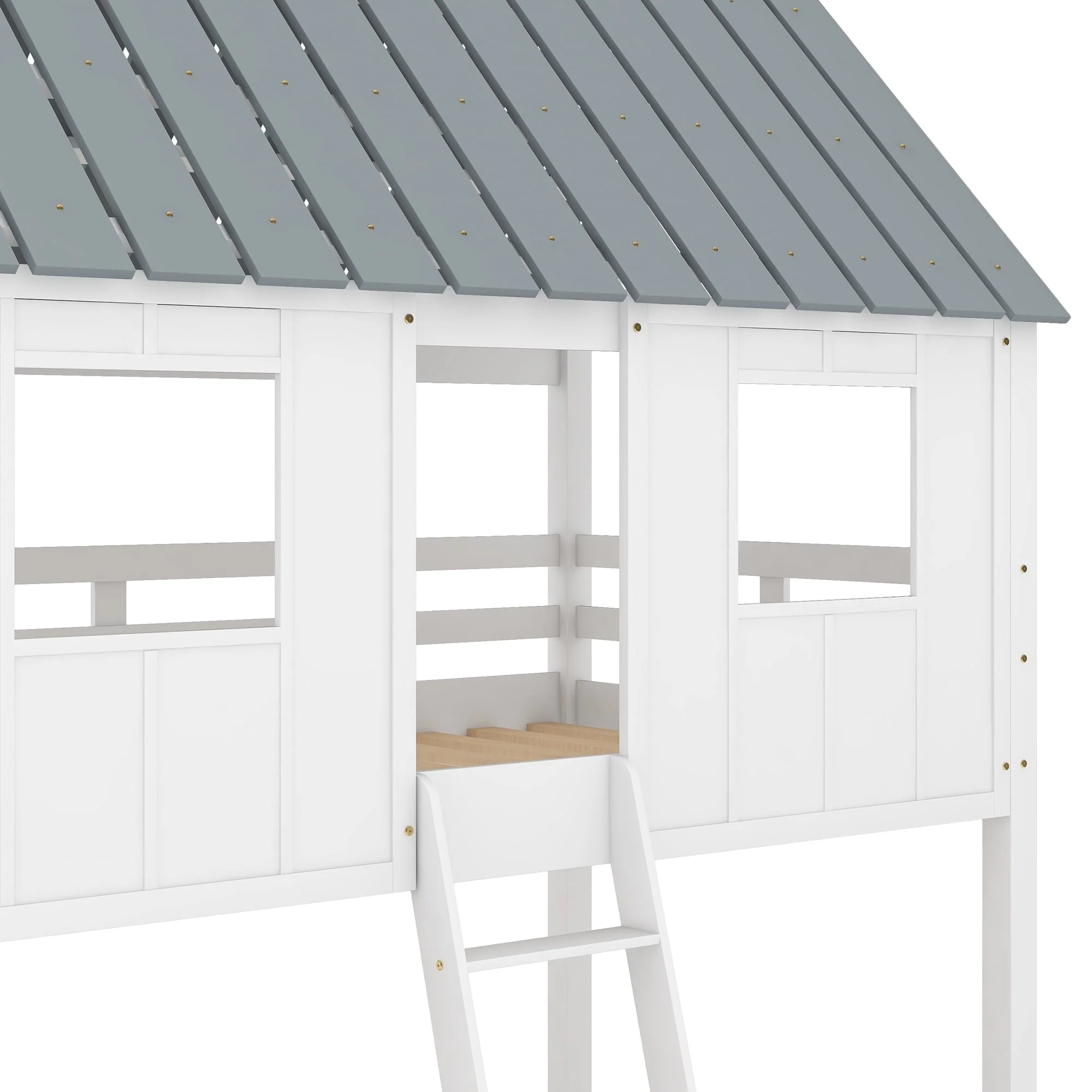 Twin over Twin Low Bunk Bed with Roof and Guardrail for Kids Room, White Image 8
