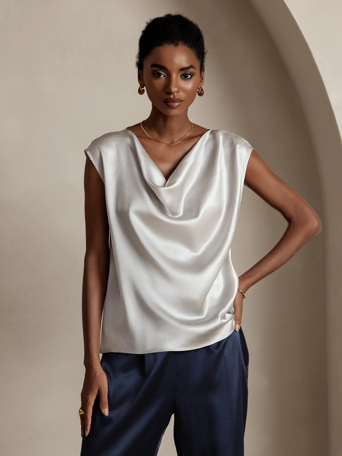 19Momme Silk Cap Sleeve Cowl Neck Women's Top