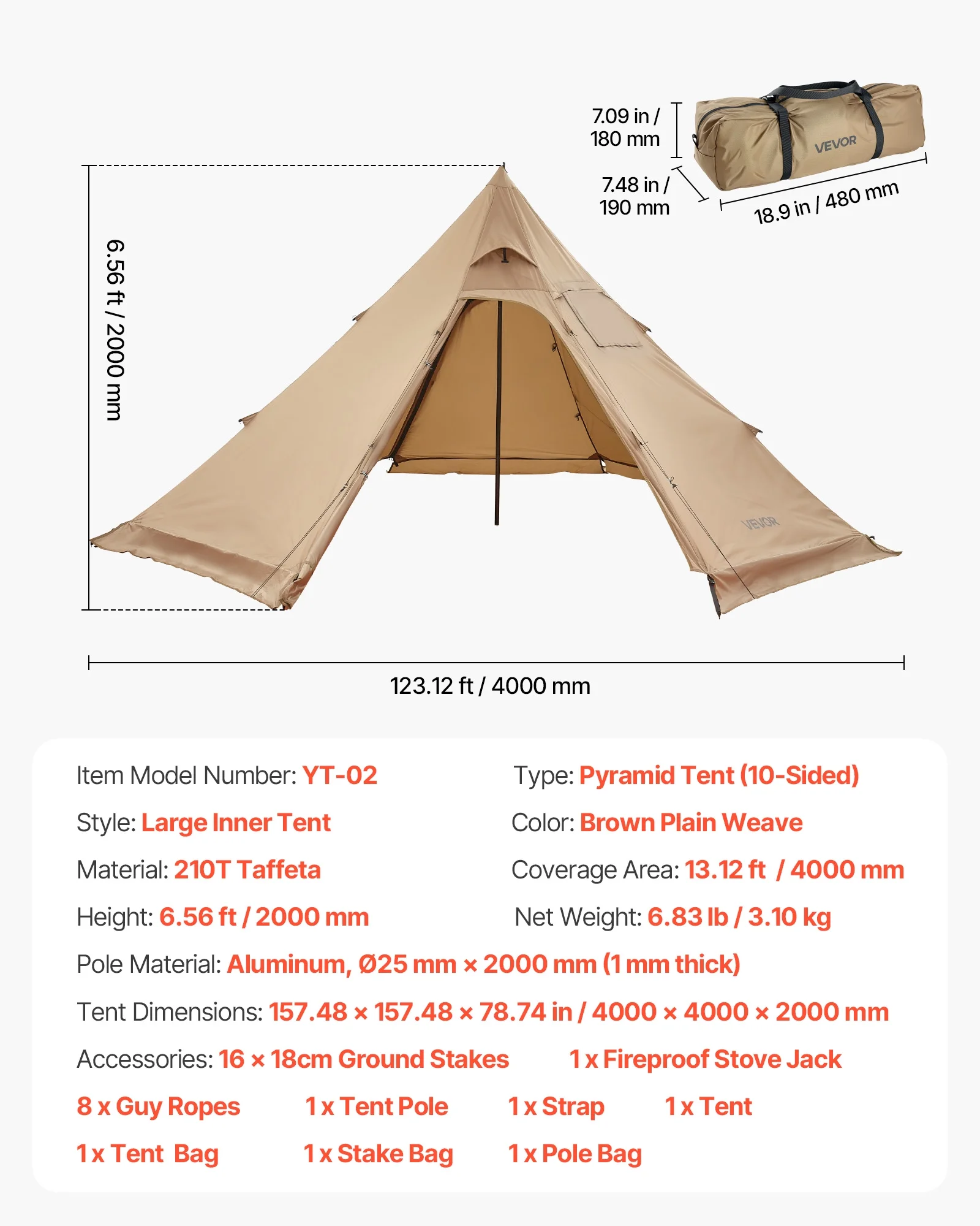 VEVOR Hot Tent for 4 Persons, Portable Winter Tipi Tent with Stove Jack, Waterproof Canvas Camping Tents, Lightweight 4 Season Shelter Tents for Hiking Fishing Backpacking, M Size