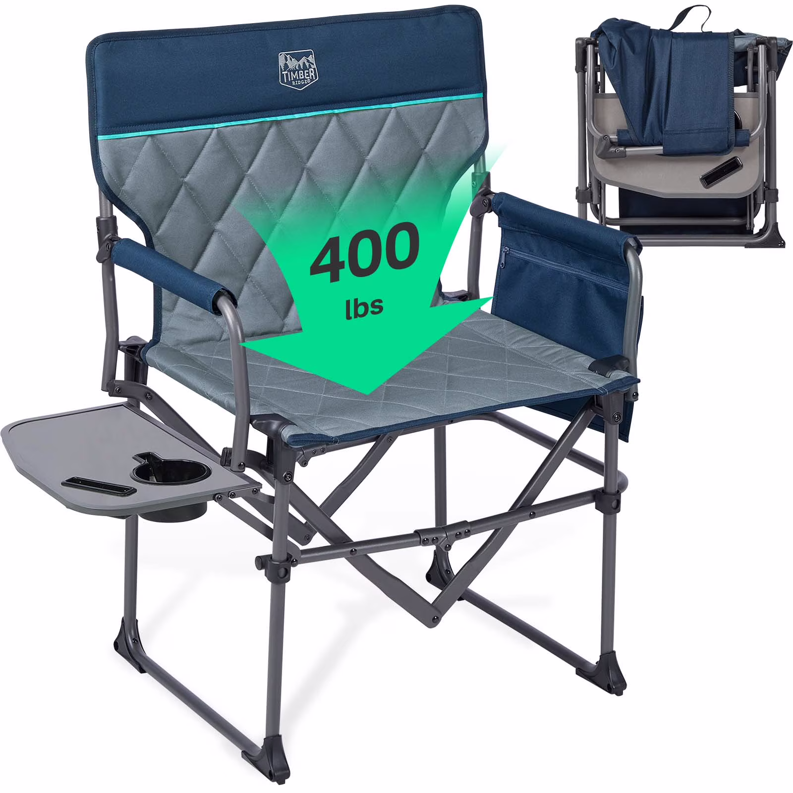 TIMBER RIDGE Portable Director Chair, Heavy Duty Camping Folding Chair with Compact Size with Side Pocket and Side Table, Support 400 lbs, Grey(1/Gray) - Image 4