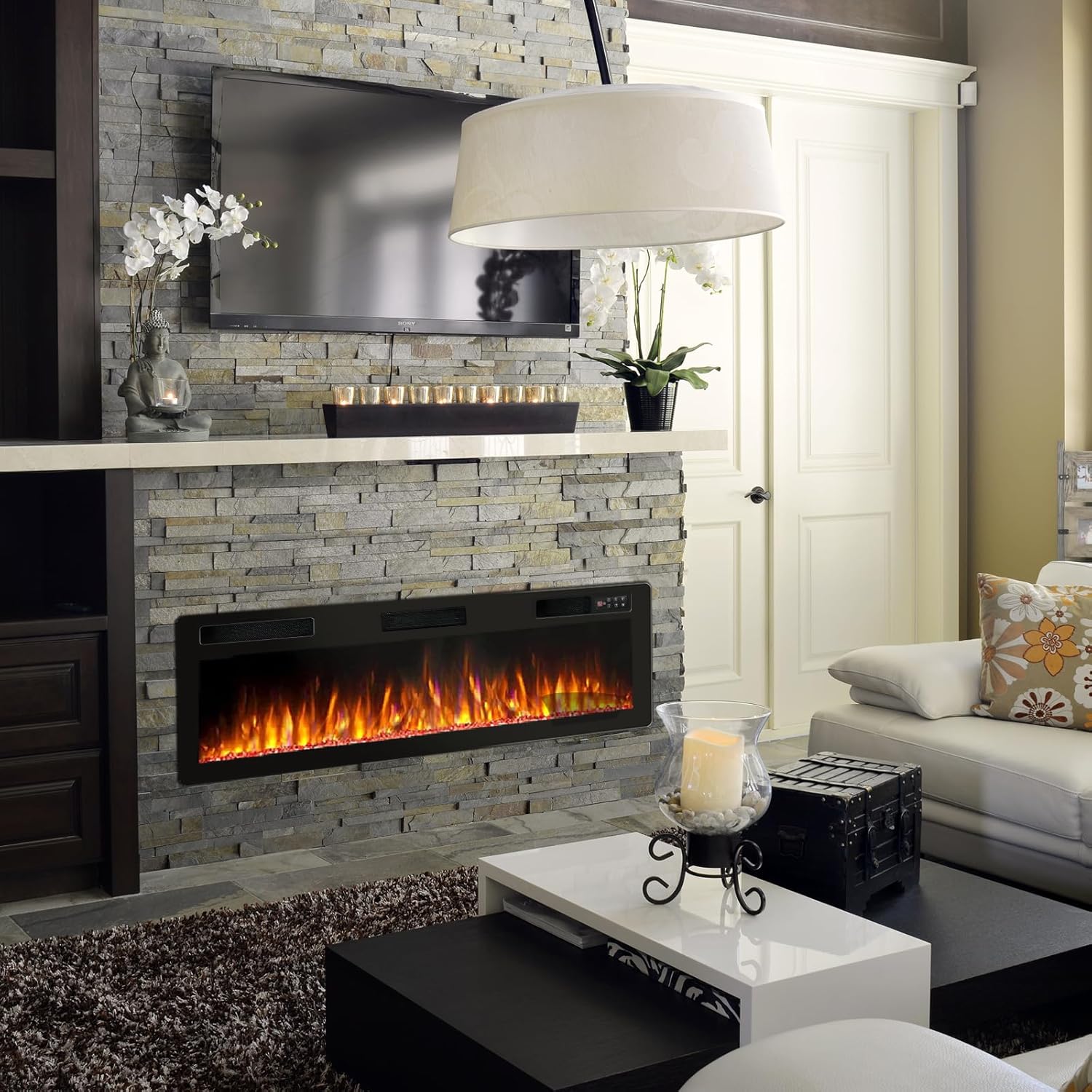 BOSSIN 60 inch Ultra-Thin Silence Linear Electric Fireplace, Recessed Wall Mounted Fireplace, Fit for 2 x 4 and 2 x 6 Stud, 12 Adjustable Flame Color & Speed,Touch Screen Remote Control with 8h Timer