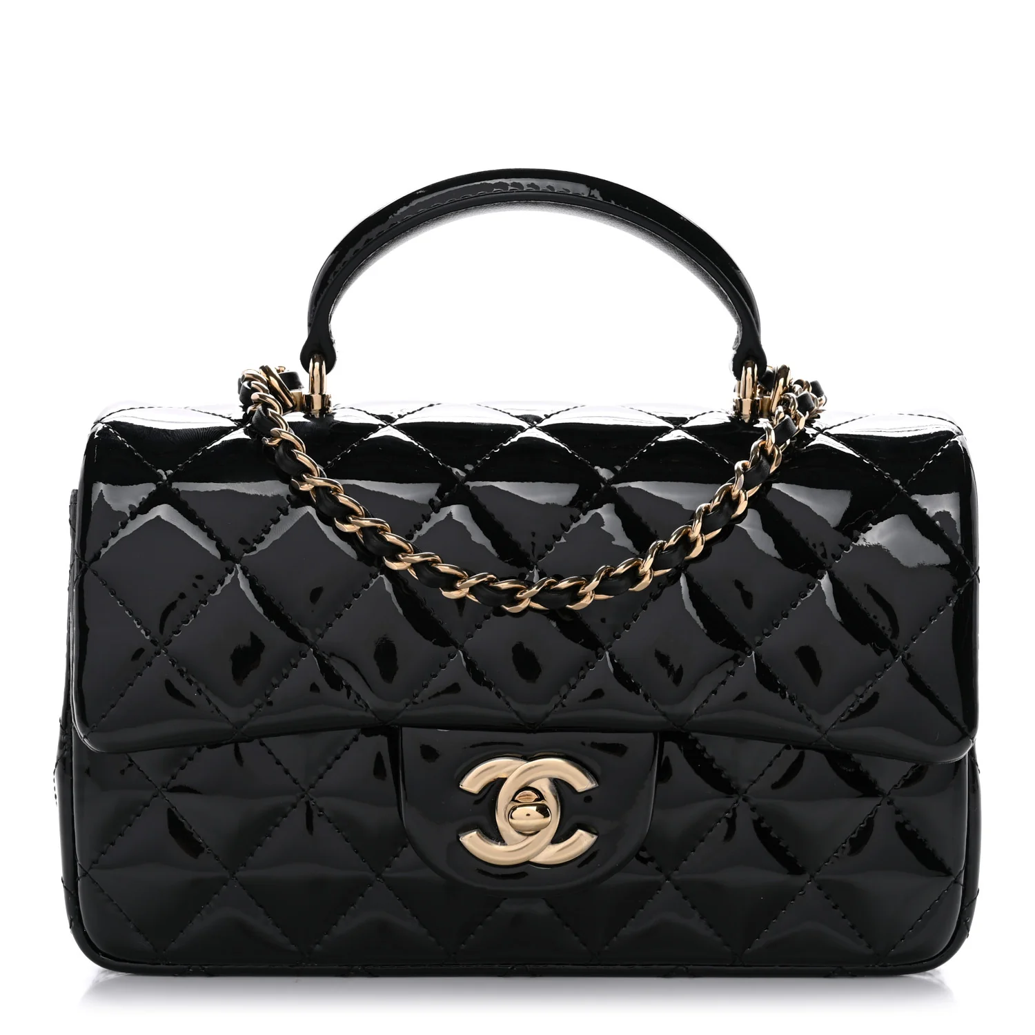 Patent Quilted Mini Top Handle Rectangular Flap Black