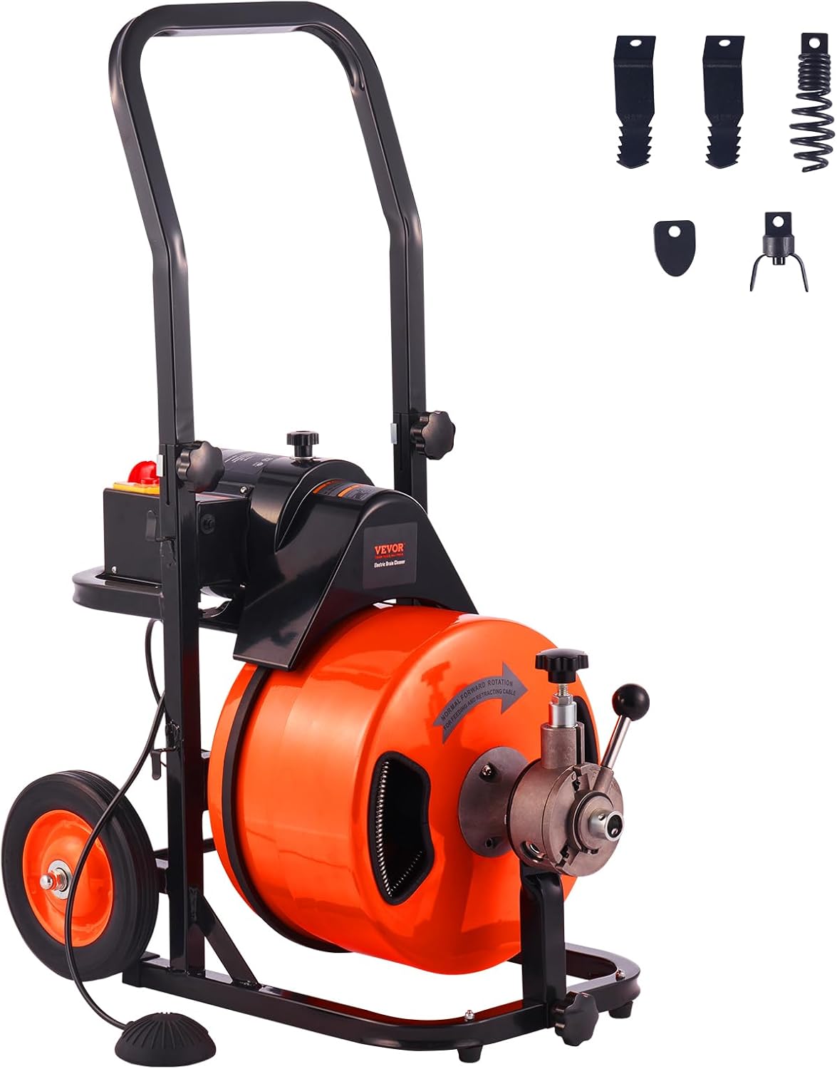 Déboucheur de canalisations 2025, 30,5 m x 1,27 cm, à alimentation automatique, avec 4 lames et interrupteur au pied pneumatique pour tuyaux de 2,5 à 10 cm, orange et noir.