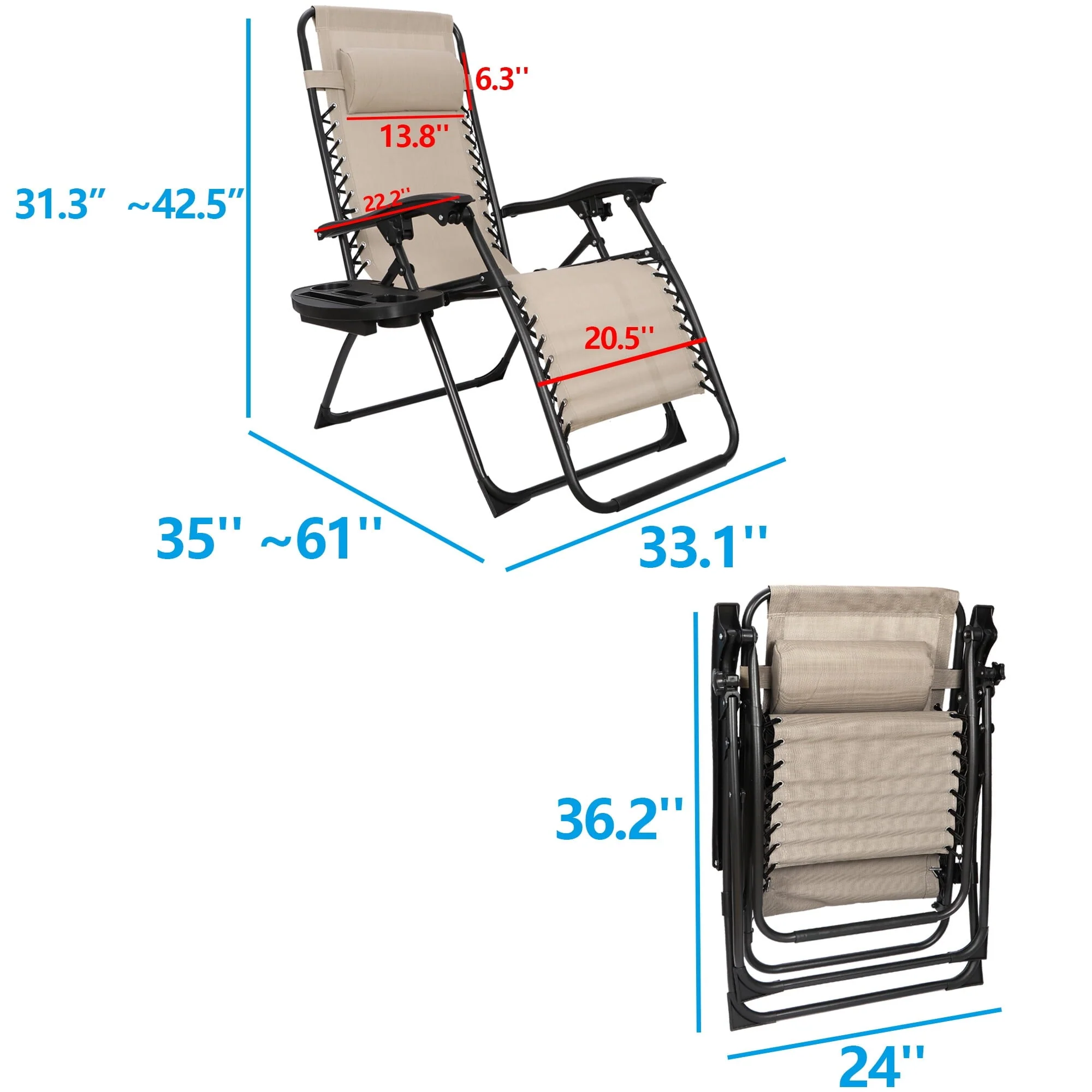 2 Pack Steel Zero-Gravity Chair Beige - Image 10